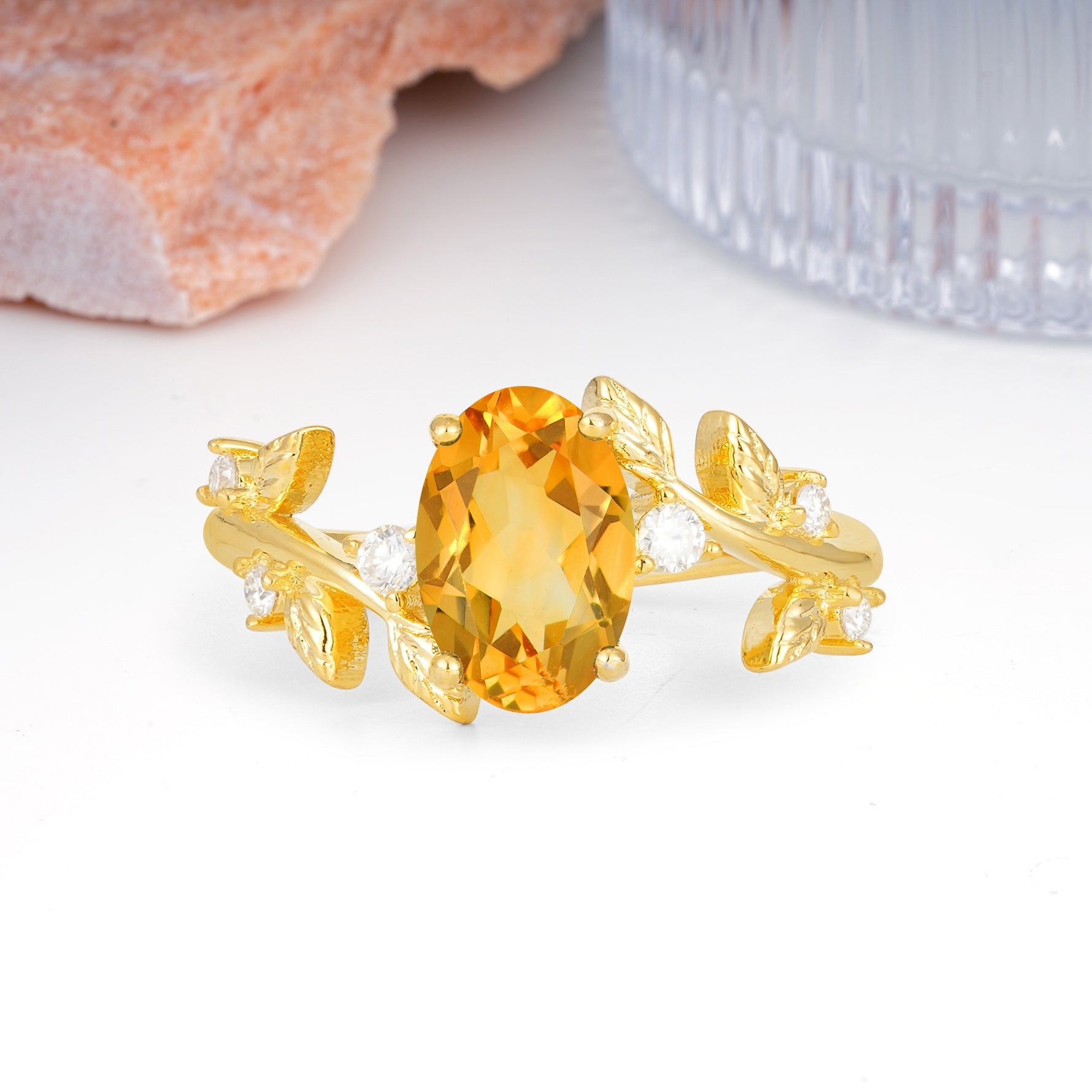 Nature Inspired Oval Cut Four Prong Leaf Vine Accent Citrine Engagement Ring - Additional view