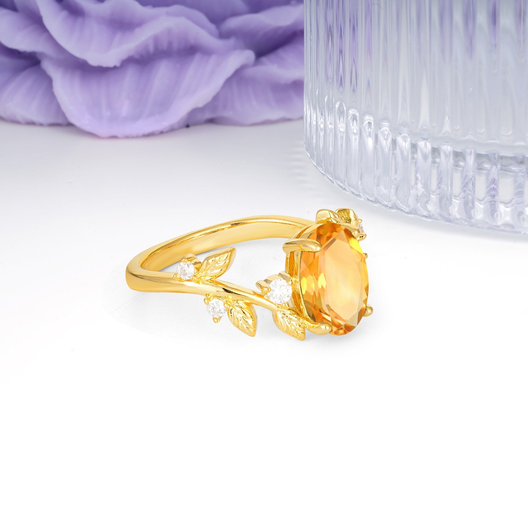 Nature Inspired Oval Cut Four Prong Leaf Vine Accent Citrine Engagement Ring - Additional view