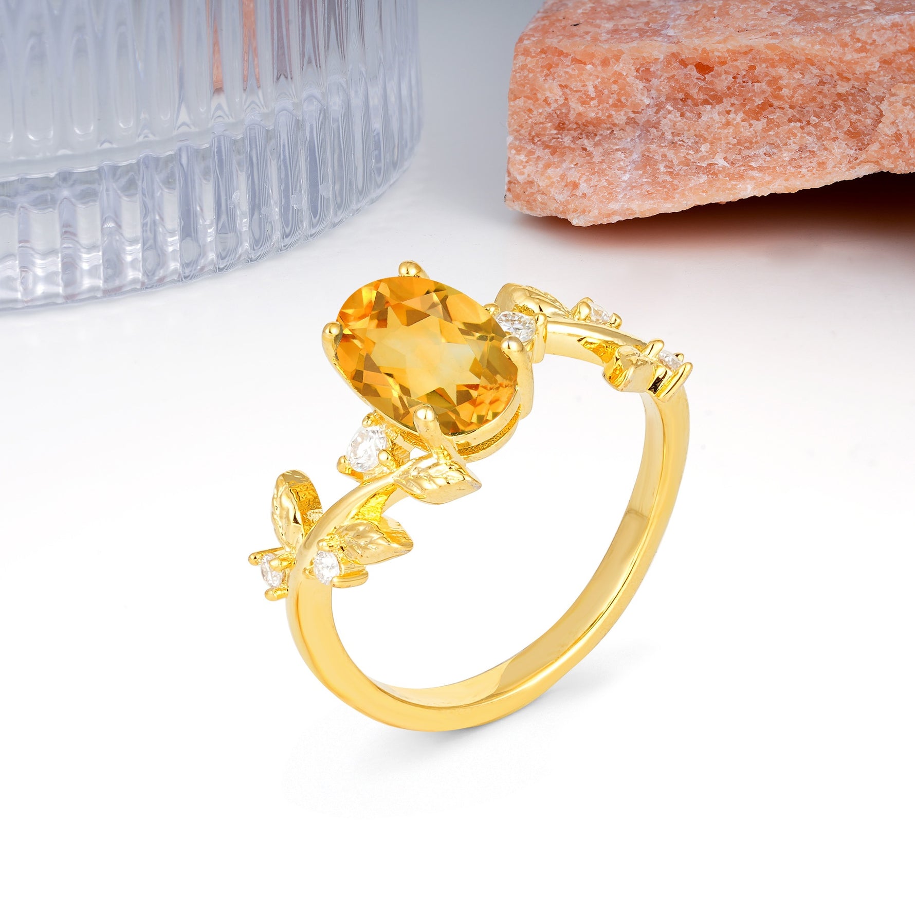 Nature Inspired Oval Cut Four Prong Leaf Vine Accent Citrine Engagement Ring - Additional view