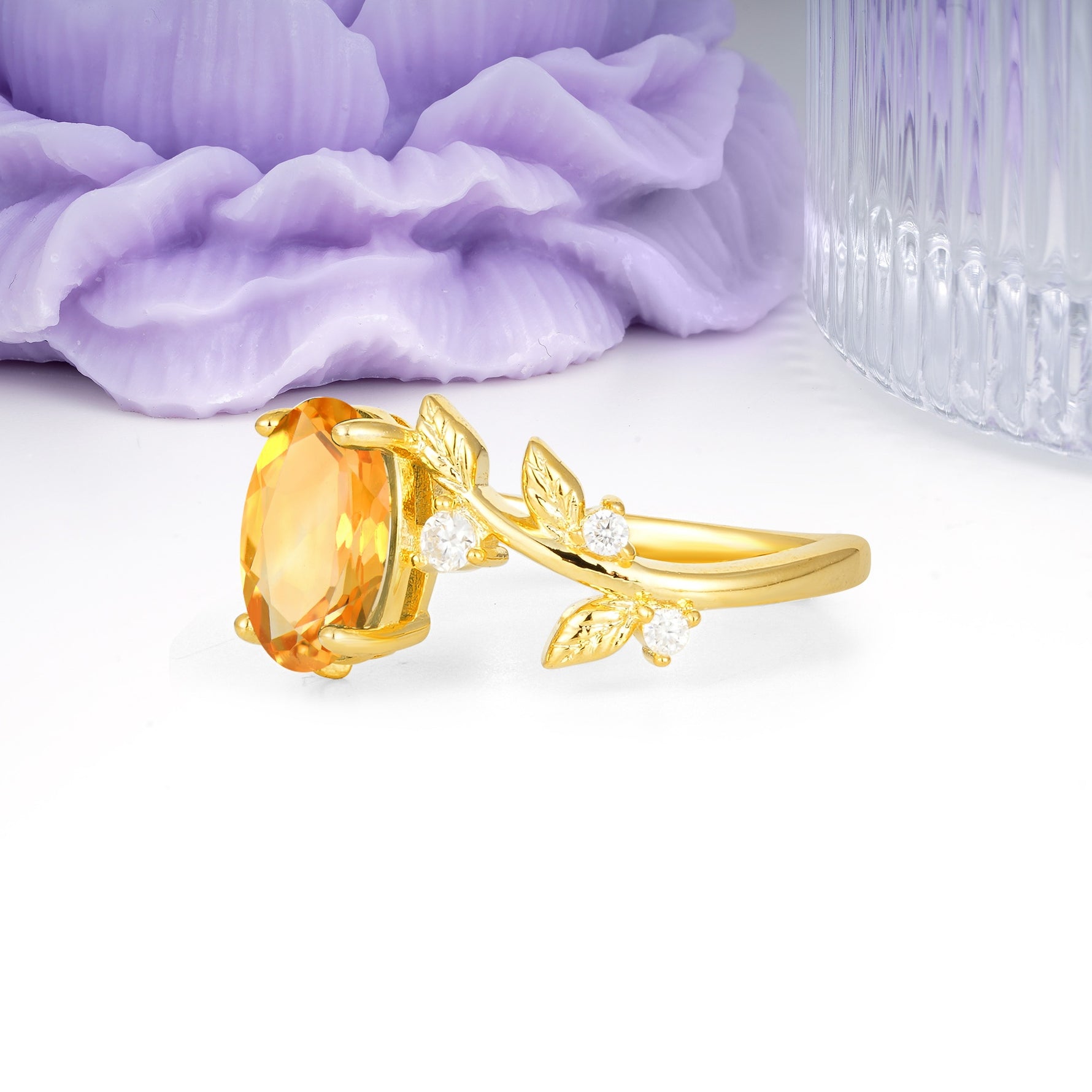 Nature Inspired Oval Cut Four Prong Leaf Vine Accent Citrine Engagement Ring - Additional view
