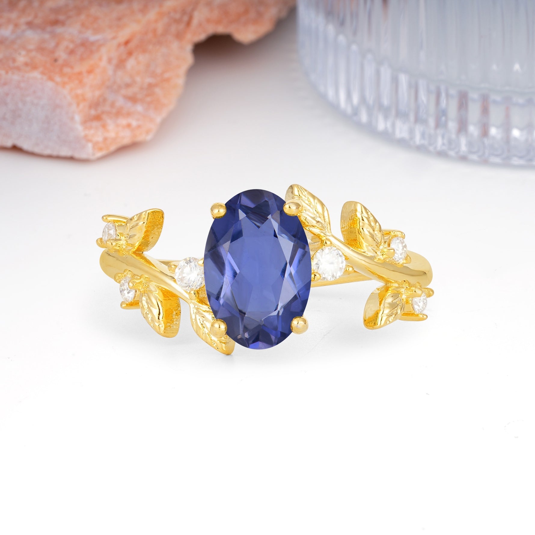 Nature Inspired Oval Cut Four Prong Leaf Vine Accent Tanzanite Engagement Ring - Additional view