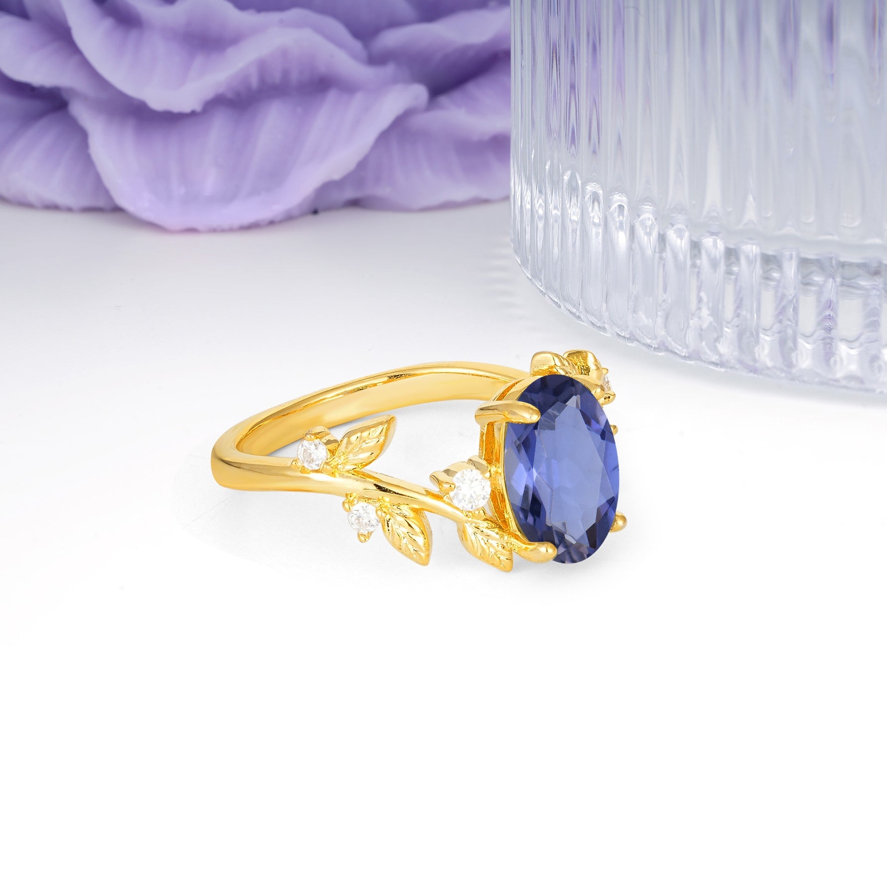 Nature Inspired Oval Cut Four Prong Leaf Vine Accent Tanzanite Engagement Ring - Additional view
