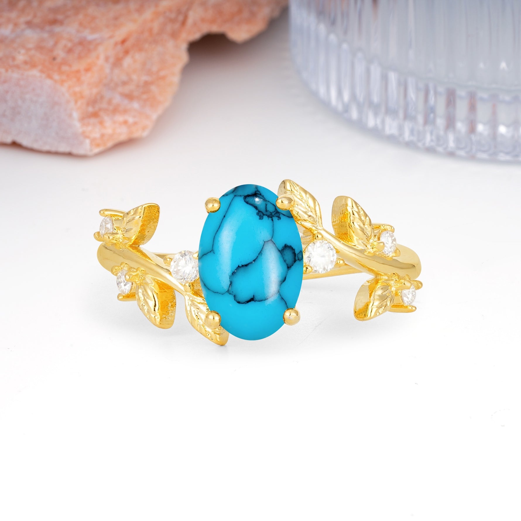 Nature Inspired Oval Cut Four Prong Leaf Vine Accent Turquoise Engagement Ring - Additional view