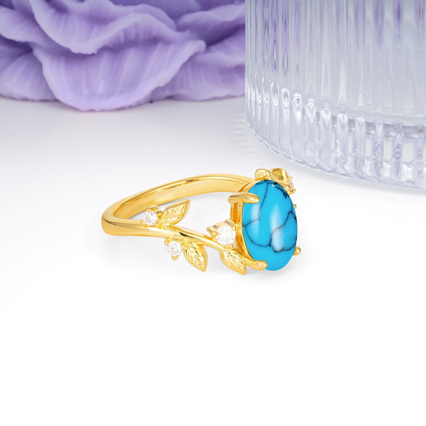 Nature Inspired Oval Cut Four Prong Leaf Vine Accent Turquoise Engagement Ring - Additional view