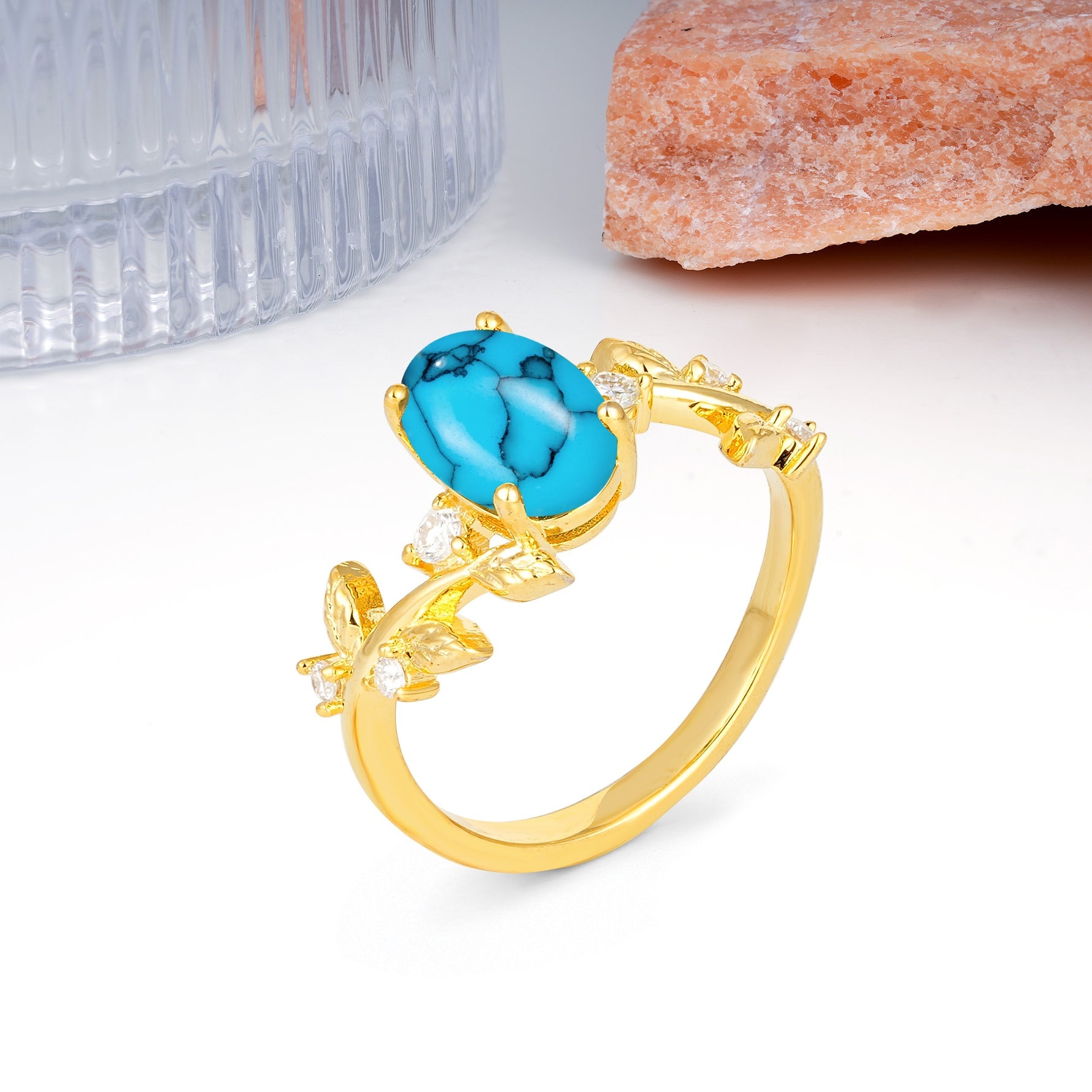 Nature Inspired Oval Cut Four Prong Leaf Vine Accent Turquoise Engagement Ring - Additional view