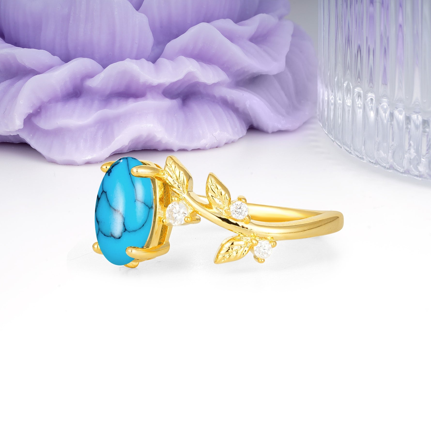 Nature Inspired Oval Cut Four Prong Leaf Vine Accent Turquoise Engagement Ring - Additional view