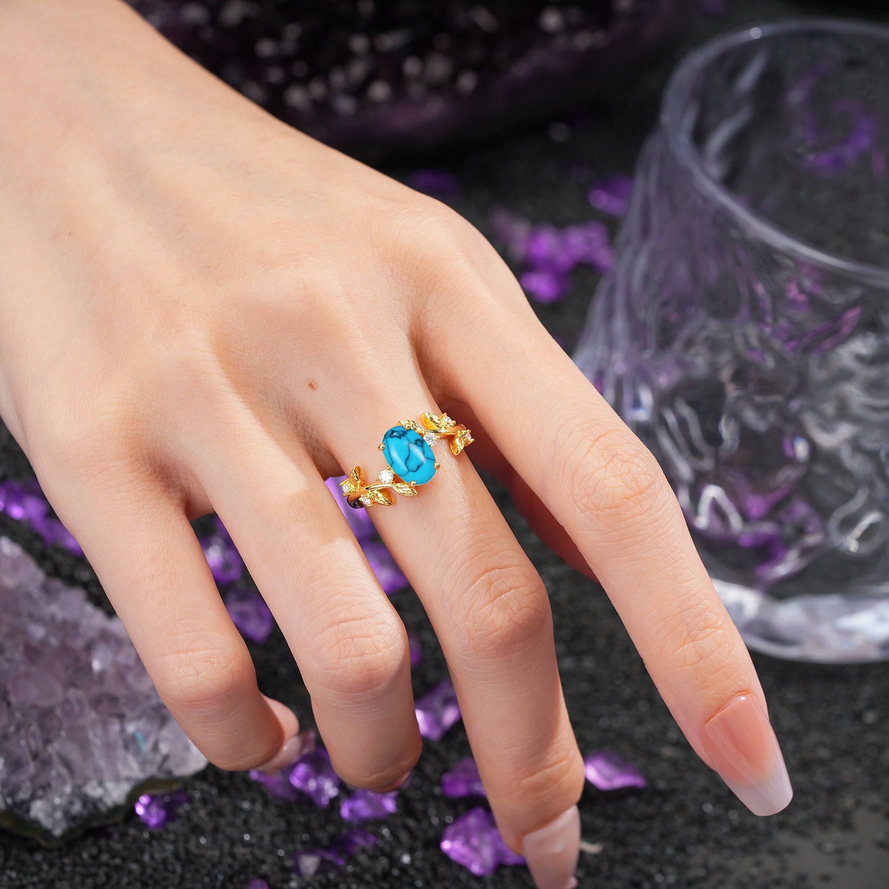 Nature Inspired Oval Cut Four Prong Leaf Vine Accent Turquoise Engagement Ring - Additional view