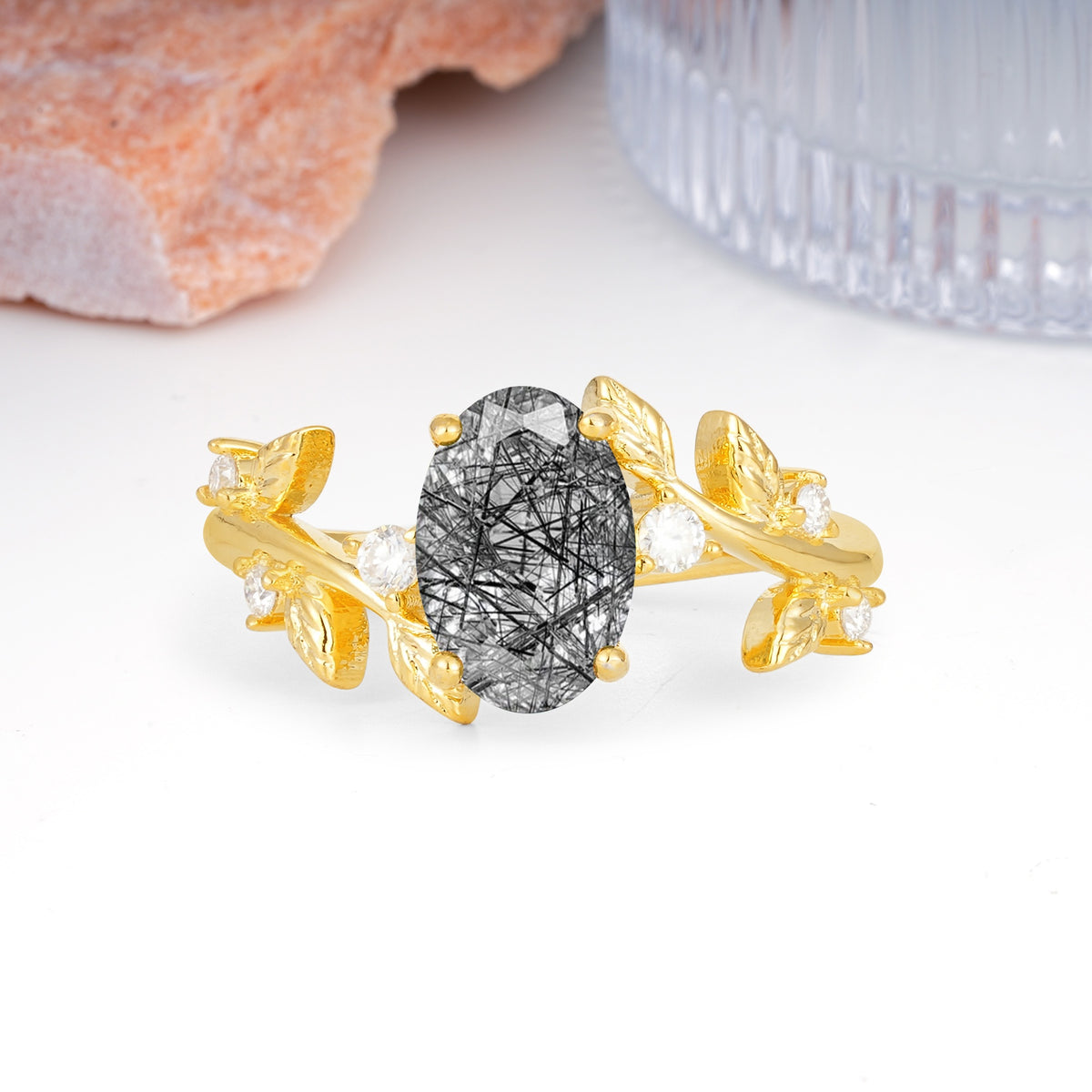 Nature Inspired Oval Cut Four Prong Leaf Vine Accent Black Rutilated Quartz Engagement Ring - Additional view