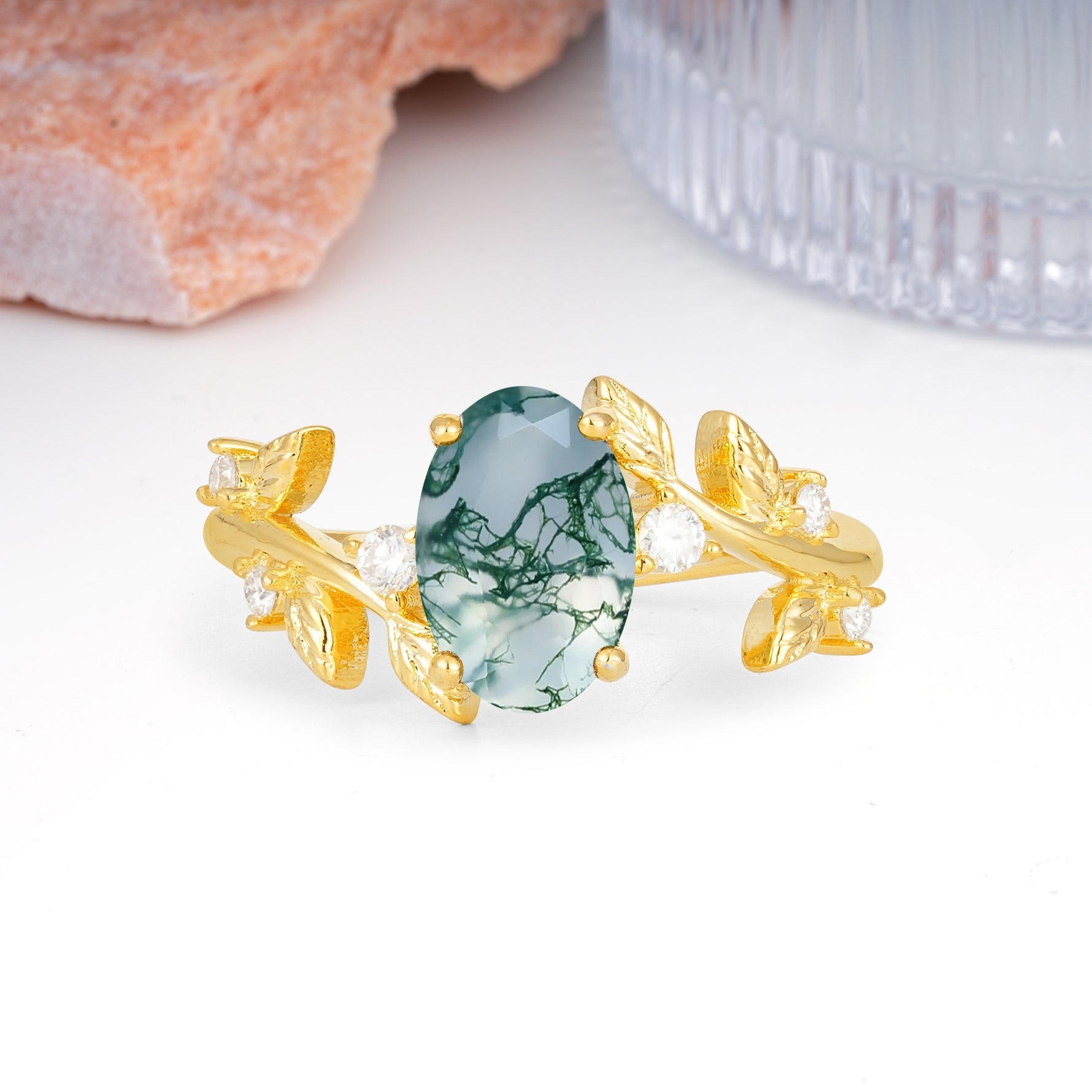 Nature Inspired Oval Cut Four Prong Leaf Vine Accent Moss Agate Engagement Ring - Additional view