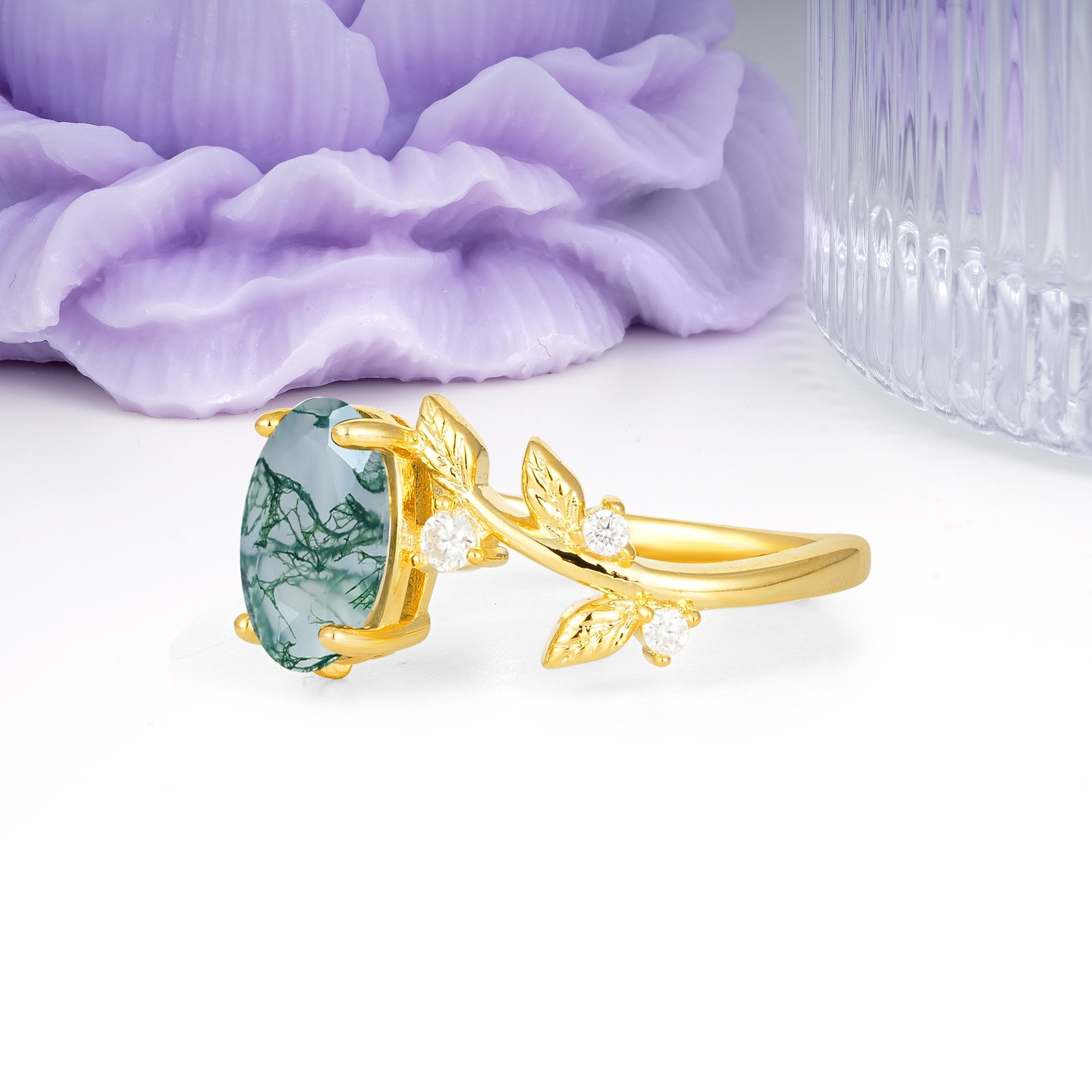 Nature Inspired Oval Cut Four Prong Leaf Vine Accent Moss Agate Engagement Ring - Additional view