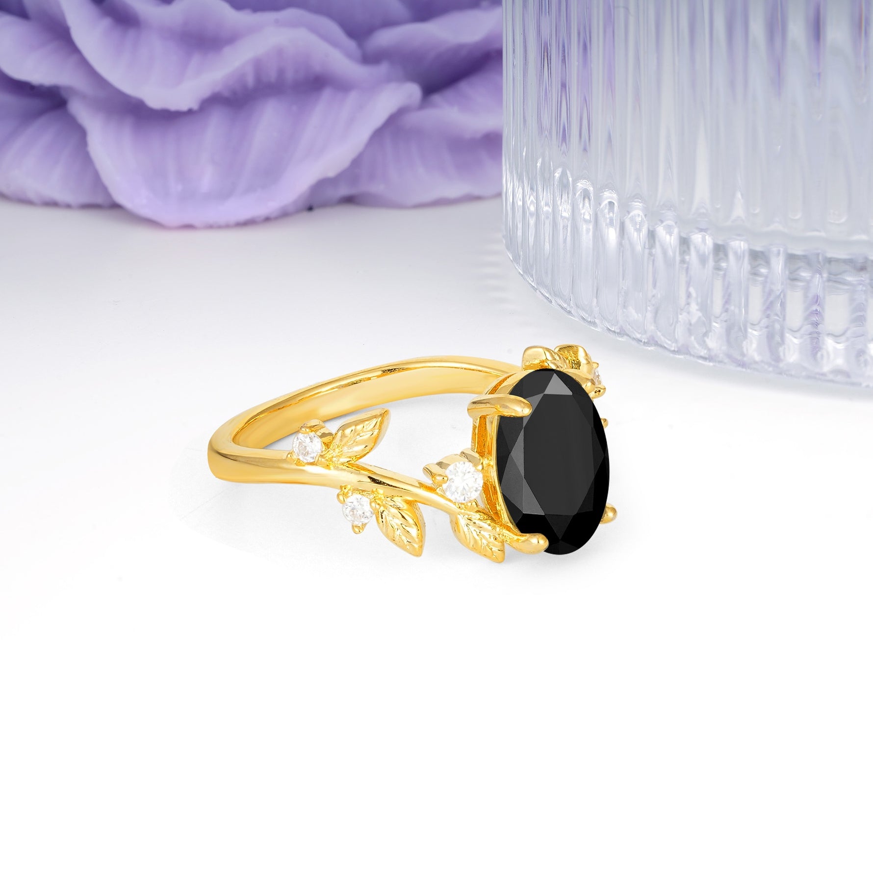 Nature Inspired Oval Cut Four Prong Leaf Vine Accent Black Onyx Engagement Ring - Additional view