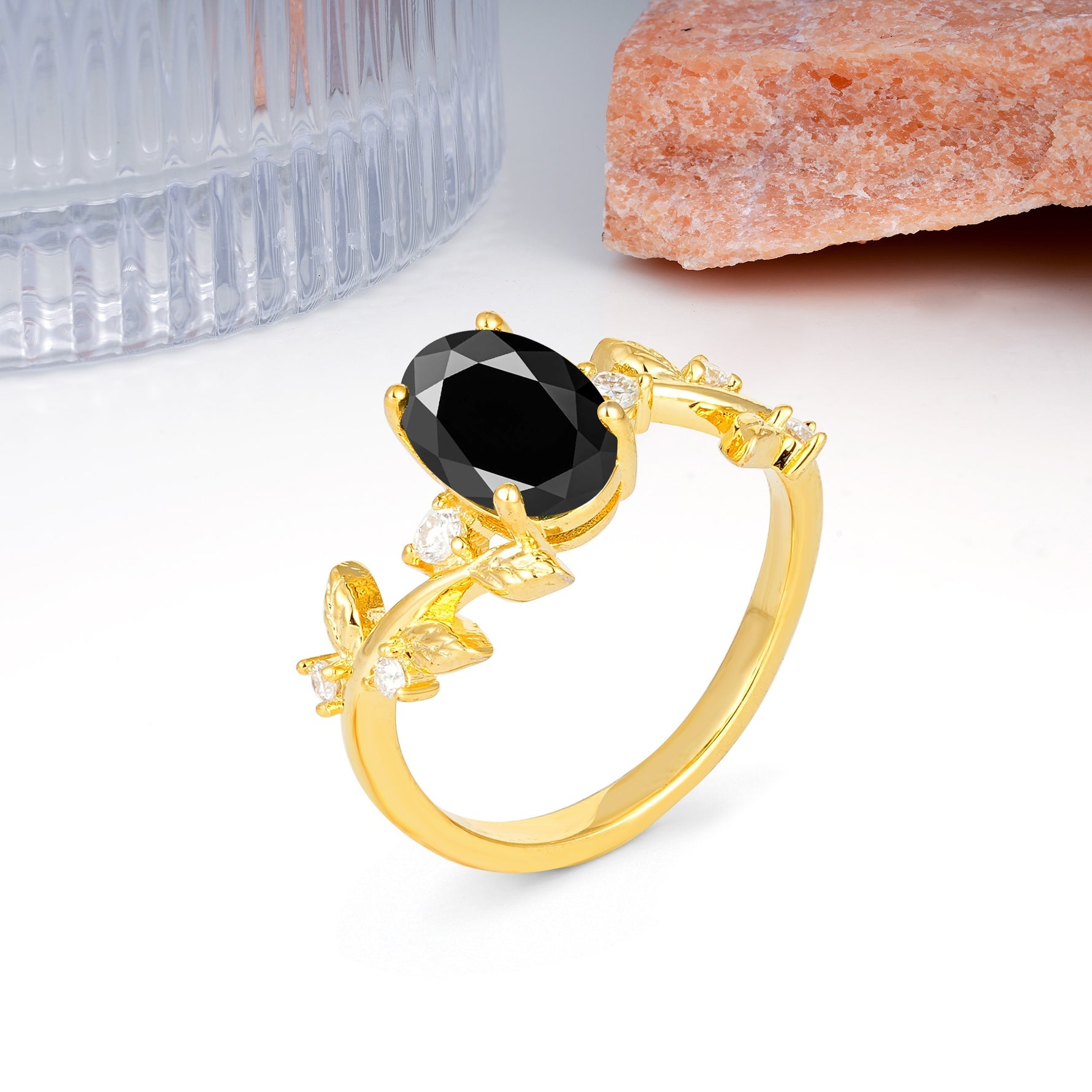 Nature Inspired Oval Cut Four Prong Leaf Vine Accent Black Onyx Engagement Ring - Additional view