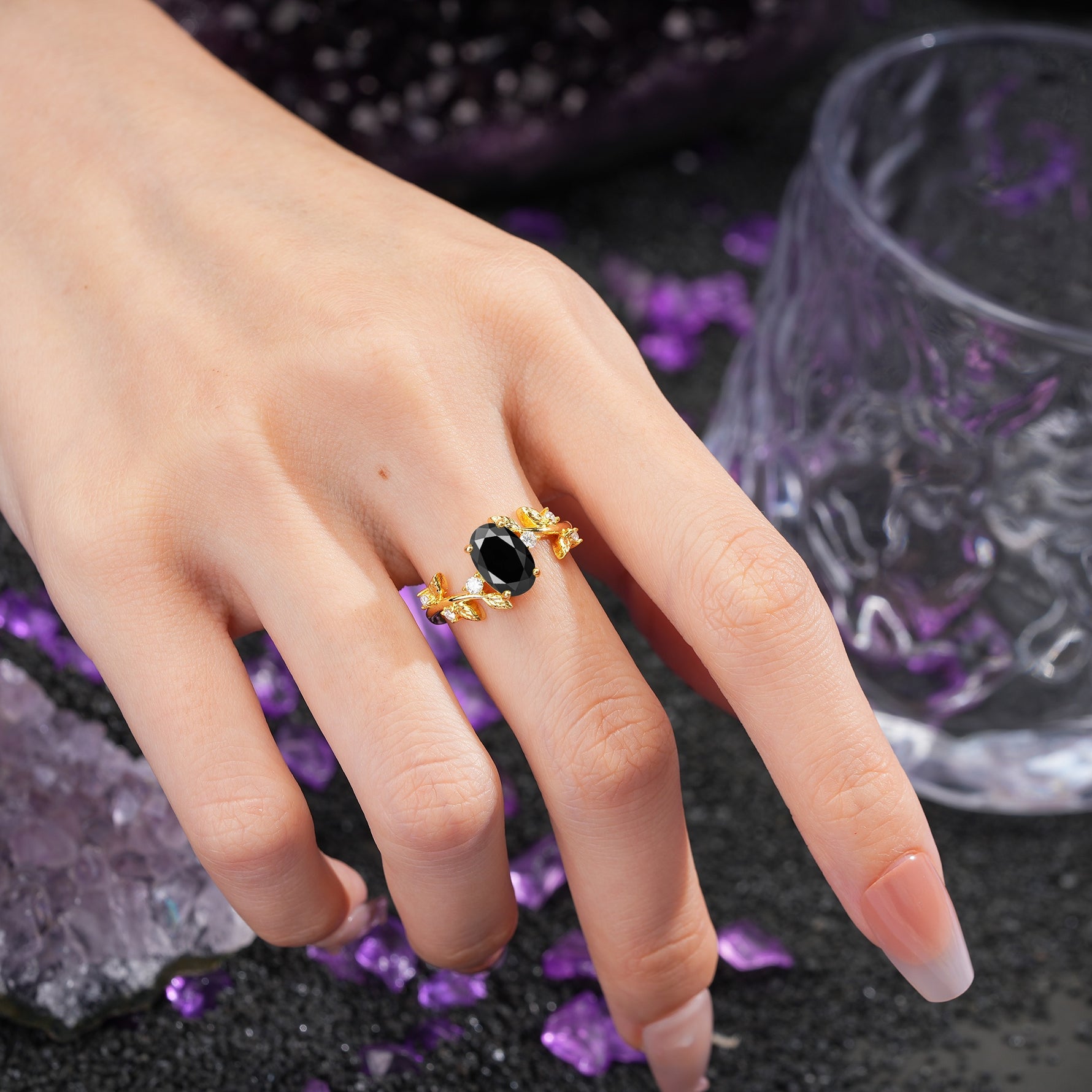 Nature Inspired Oval Cut Four Prong Leaf Vine Accent Black Onyx Engagement Ring - Additional view