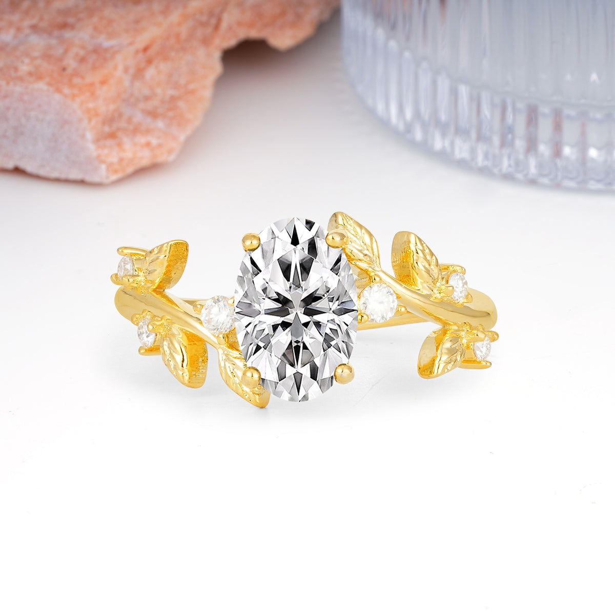 Nature Inspired Oval Cut Four Prong Leaf Vine Accent Lab Diamond Engagement Ring - Additional view