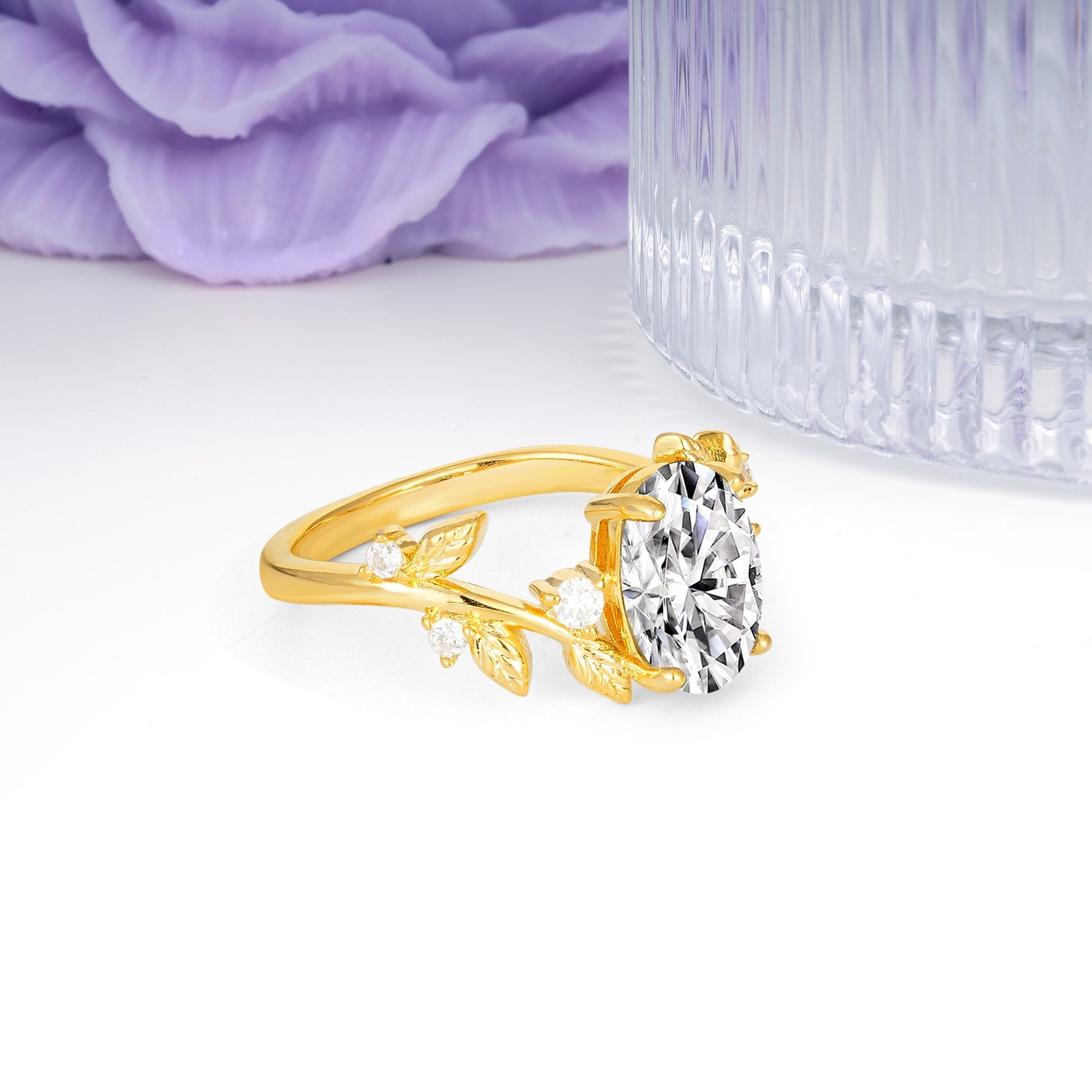 Nature Inspired Oval Cut Four Prong Leaf Vine Accent Lab Diamond Engagement Ring - Additional view