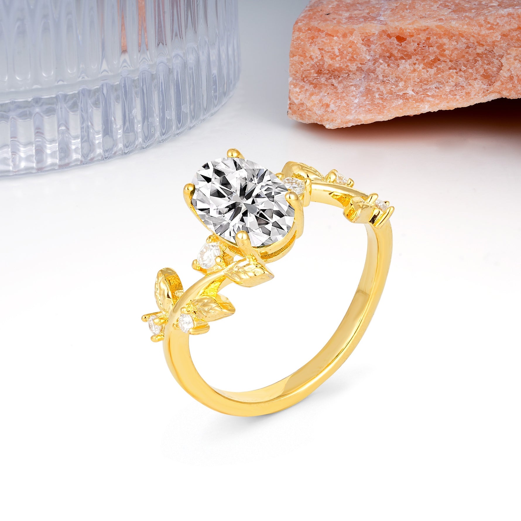 Nature Inspired Oval Cut Four Prong Leaf Vine Accent Lab Diamond Engagement Ring - Additional view
