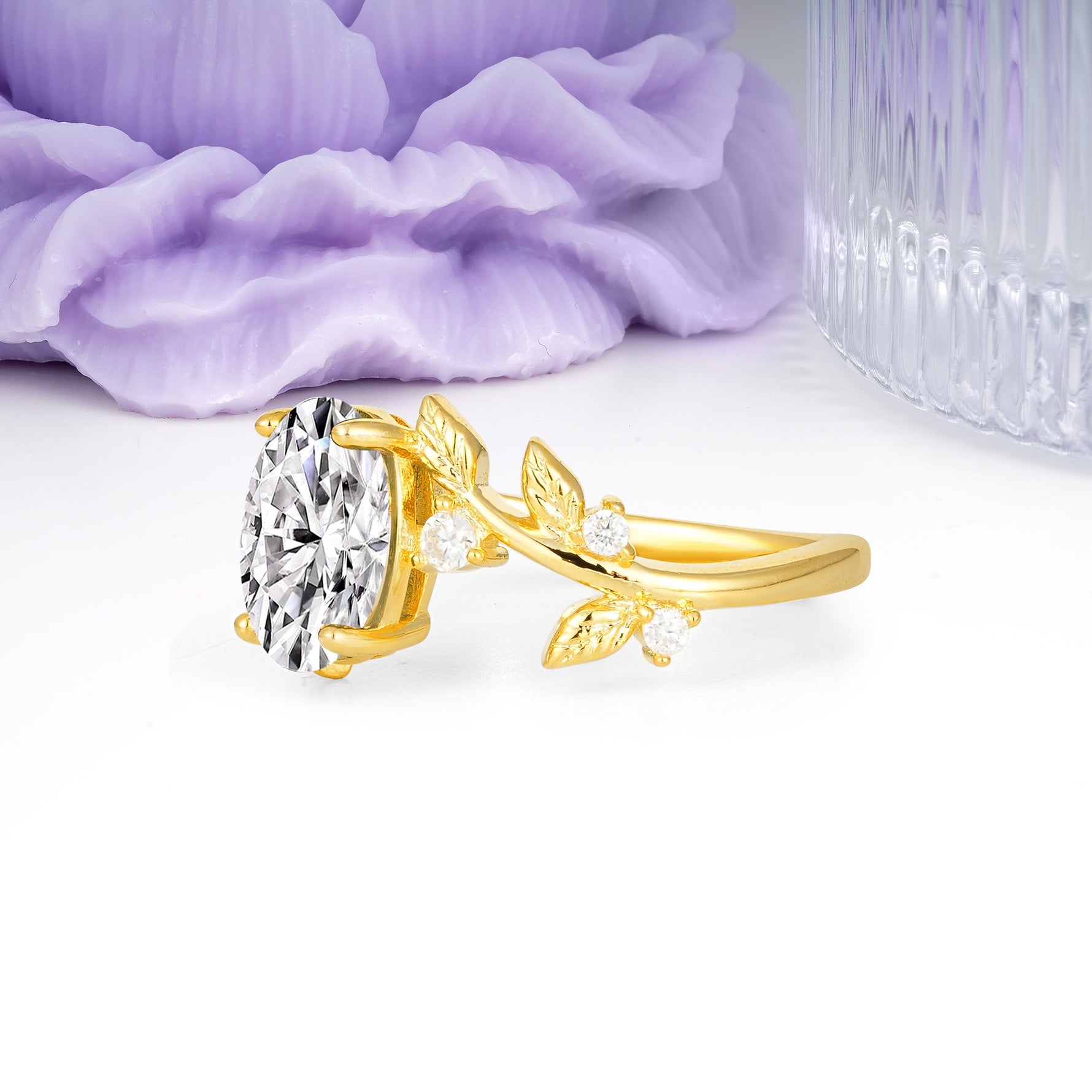 Nature Inspired Oval Cut Four Prong Leaf Vine Accent Lab Diamond Engagement Ring - Additional view