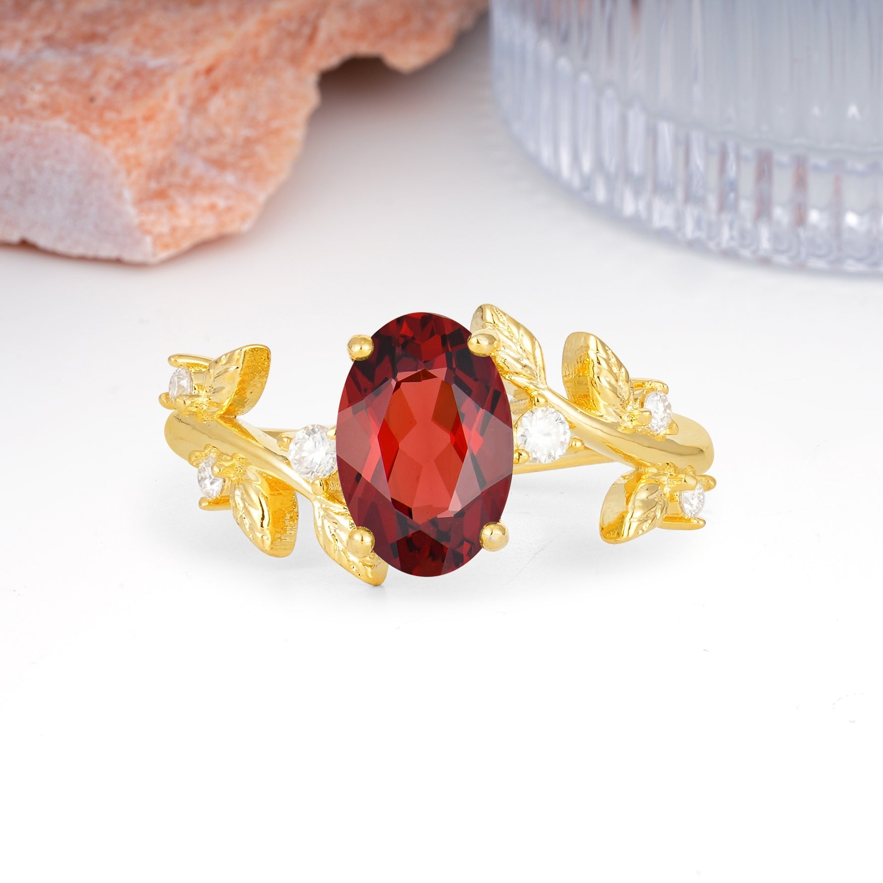 Nature Inspired Oval Cut Four Prong Leaf Vine Accent Garnet Engagement Ring - Additional view