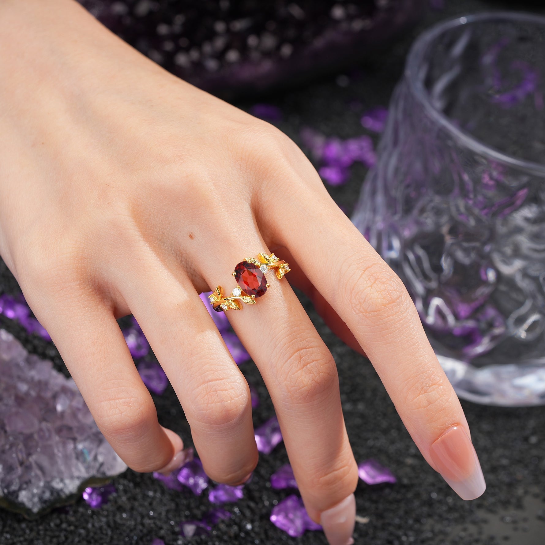 Nature Inspired Oval Cut Four Prong Leaf Vine Accent Garnet Engagement Ring - Additional view