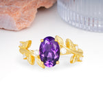 Nature Inspired Oval Cut Four Prong Leaf Vine Accent Amethyst Engagement Ring - Additional view