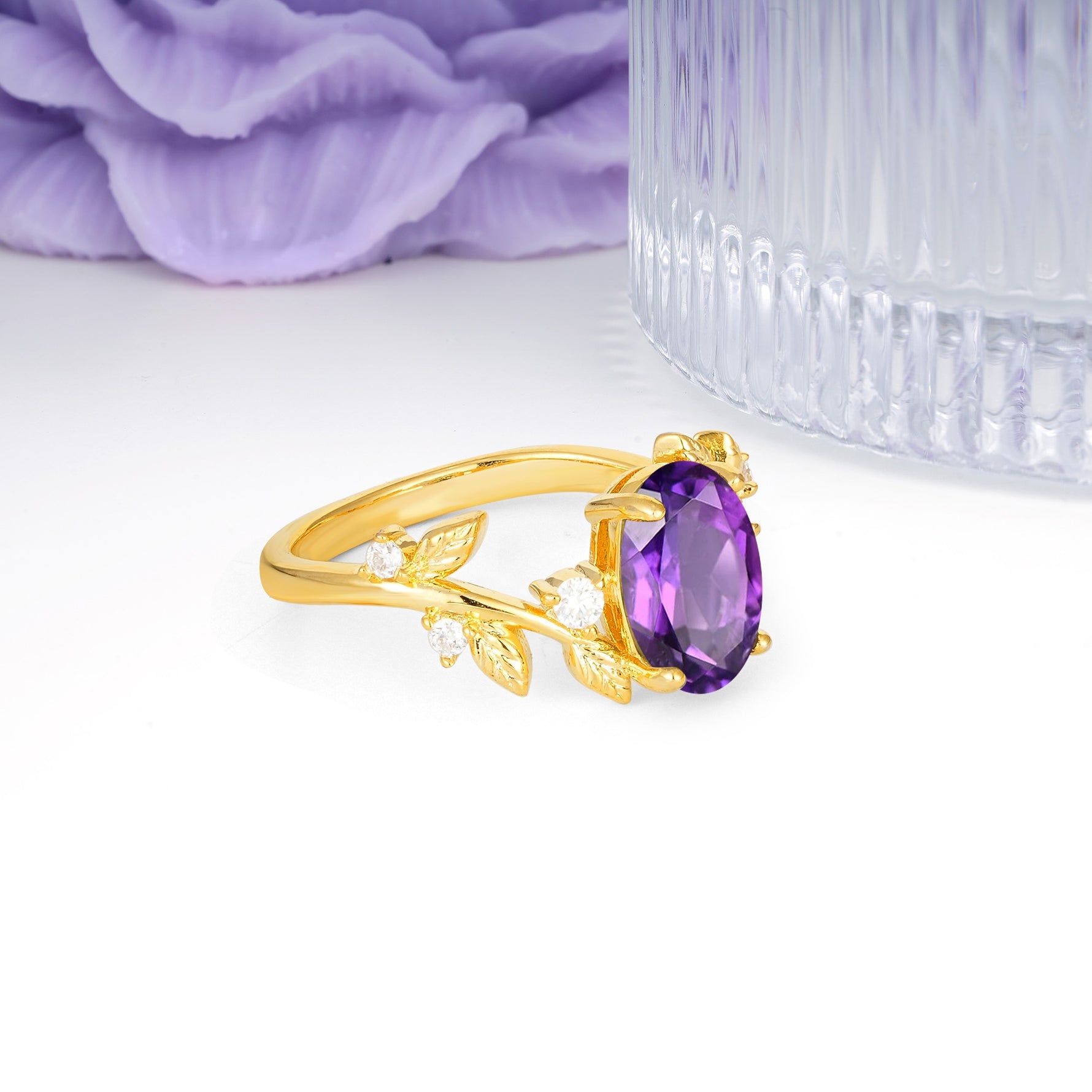 Nature Inspired Oval Cut Four Prong Leaf Vine Accent Amethyst Engagement Ring - Additional view