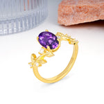 Nature Inspired Oval Cut Four Prong Leaf Vine Accent Amethyst Engagement Ring - Additional view