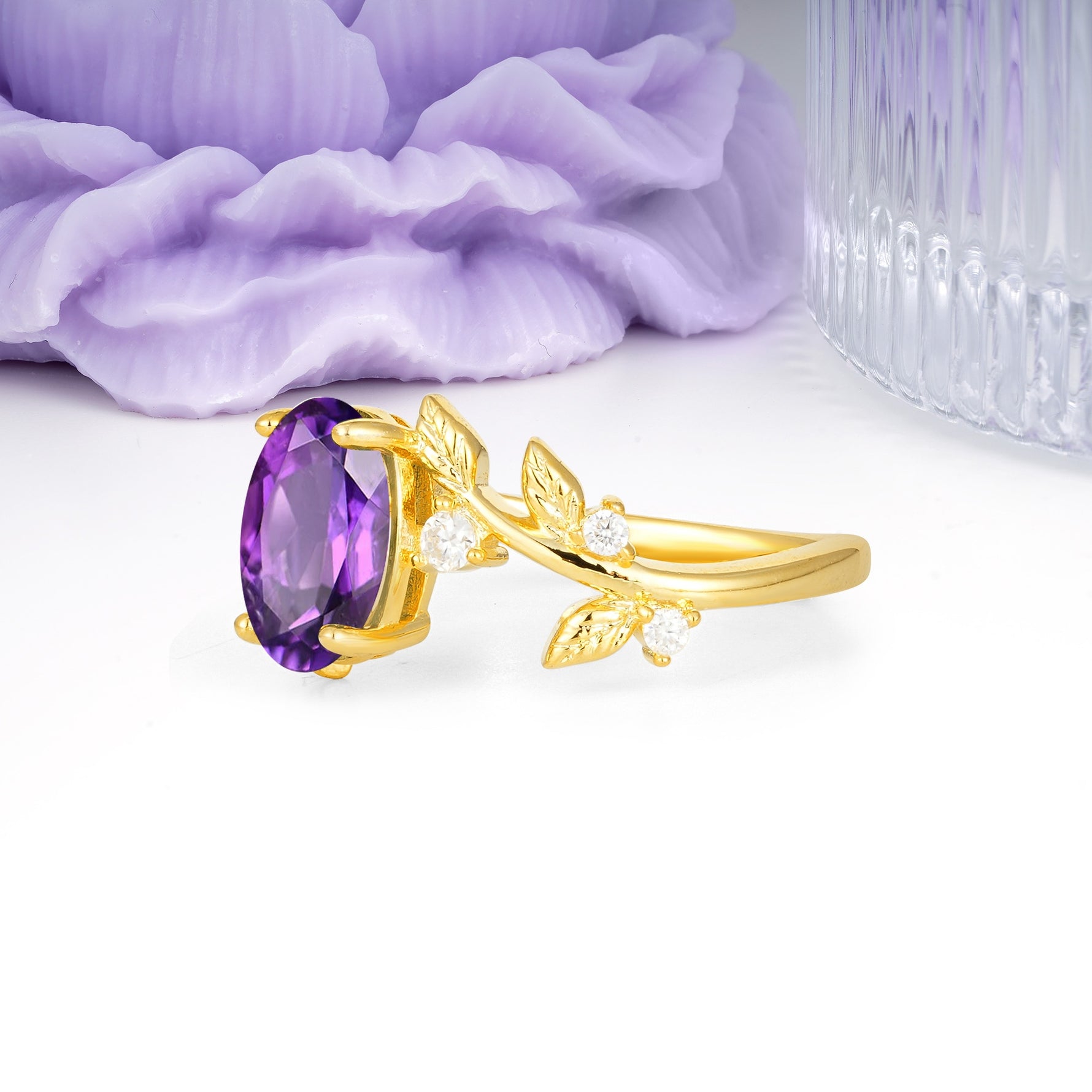 Nature Inspired Oval Cut Four Prong Leaf Vine Accent Amethyst Engagement Ring - Additional view