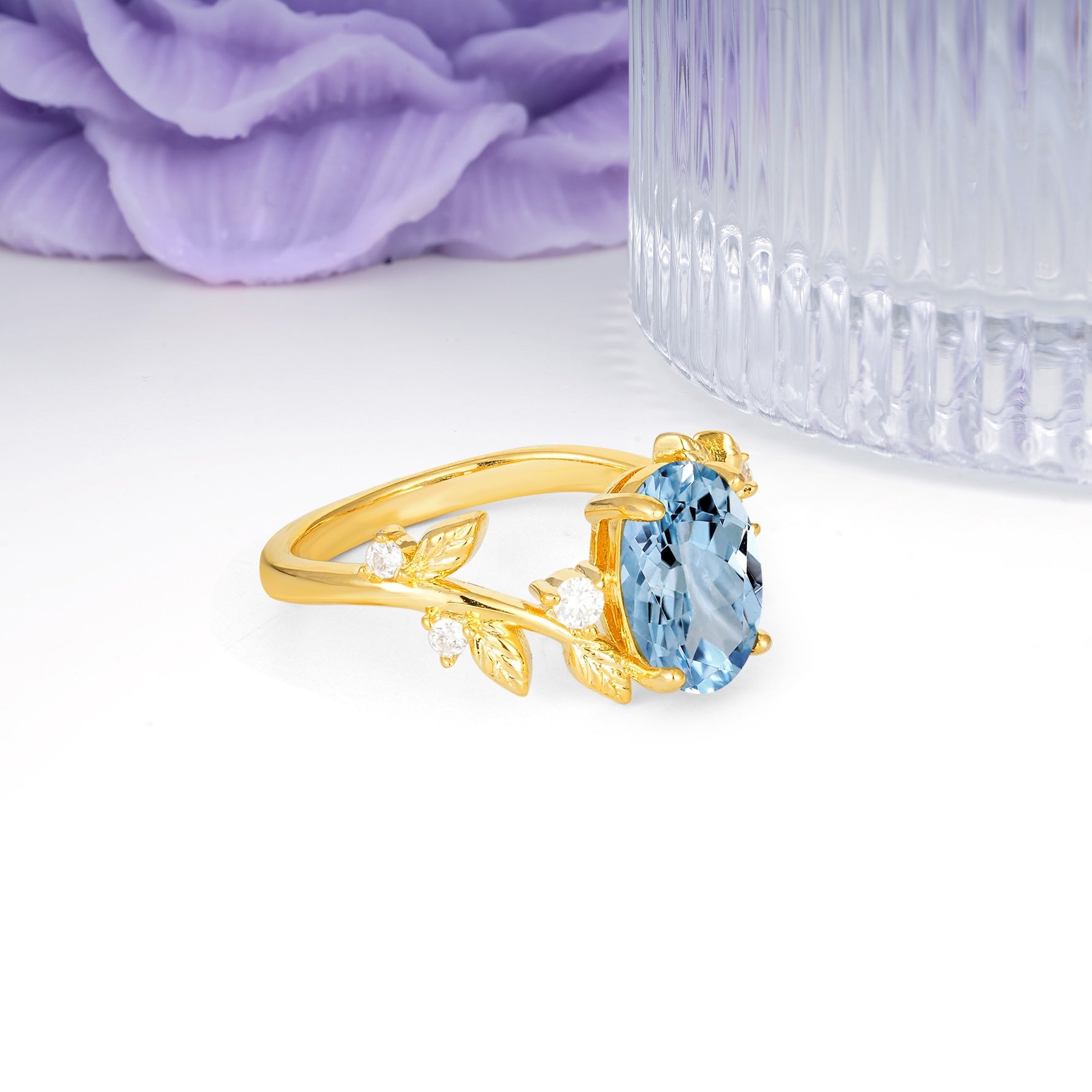 Nature Inspired Oval Cut Four Prong Leaf Vine Accent Aquamarine Engagement Ring - Additional view