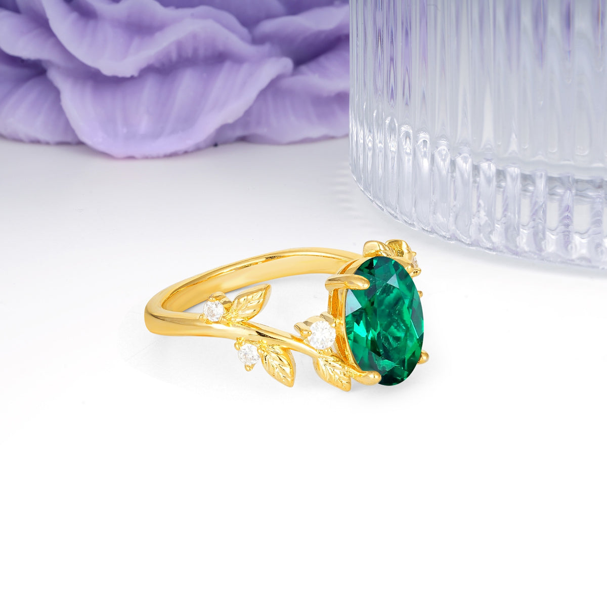 Nature Inspired Oval Cut Four Prong Leaf Vine Accent Emerald Engagement Ring - Additional view