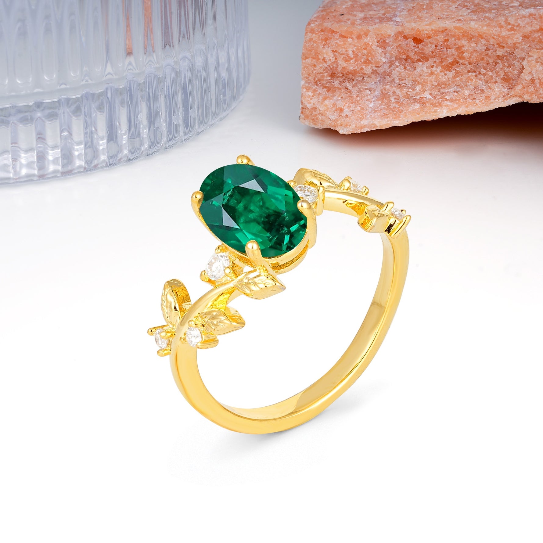 Nature Inspired Oval Cut Four Prong Leaf Vine Accent Emerald Engagement Ring - Additional view