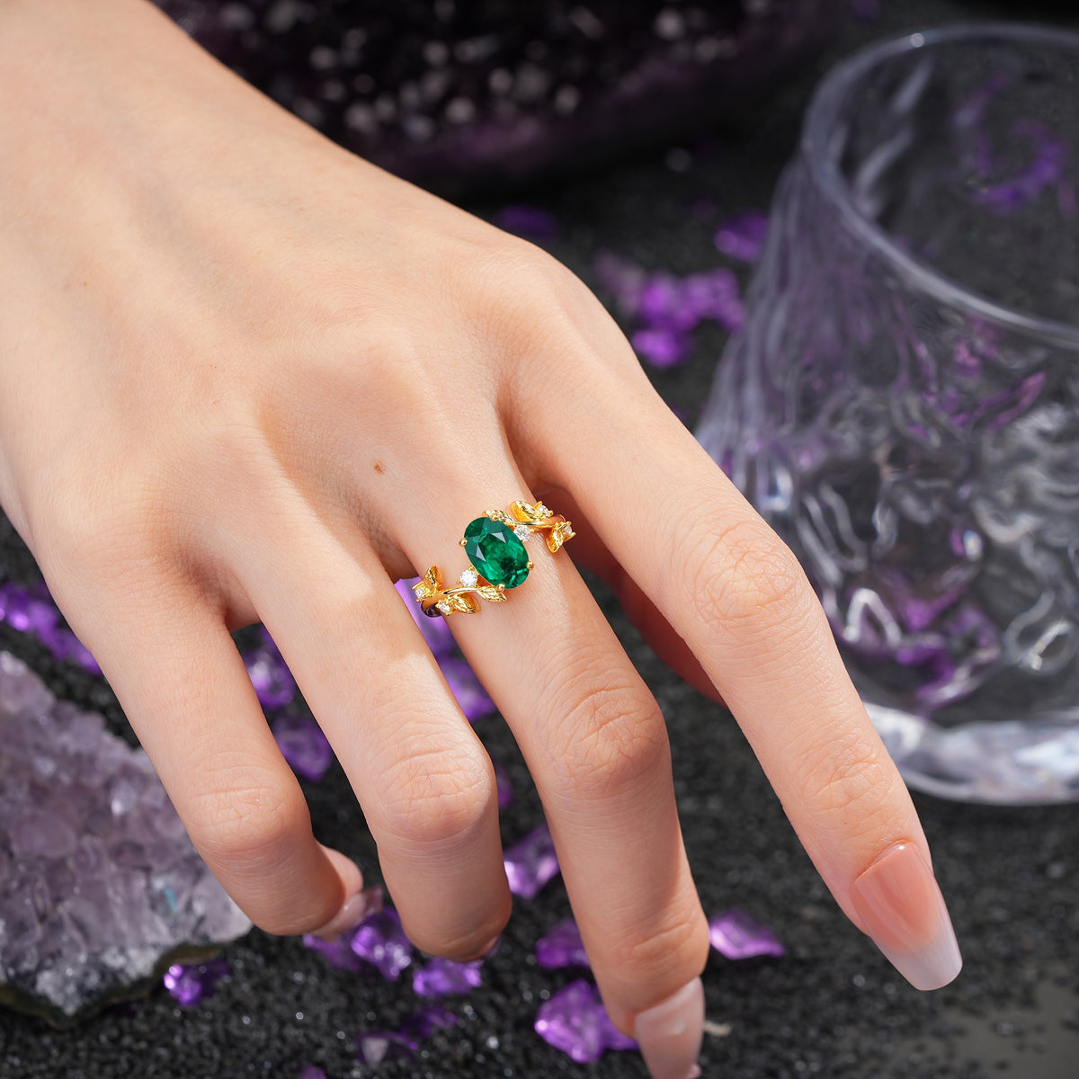 Nature Inspired Oval Cut Four Prong Leaf Vine Accent Emerald Engagement Ring - Additional view