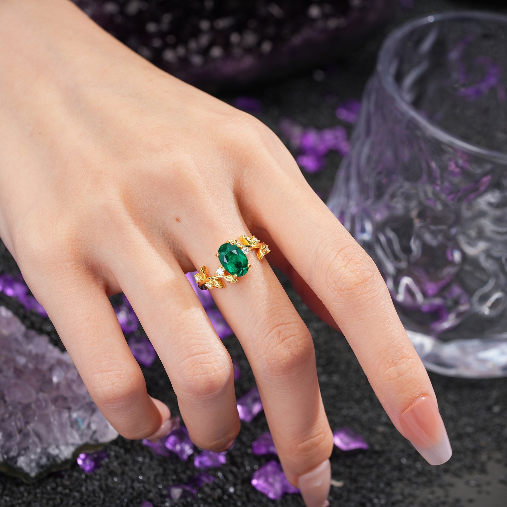 Nature Inspired Oval Cut Four Prong Leaf Vine Accent Emerald Engagement Ring - Additional view