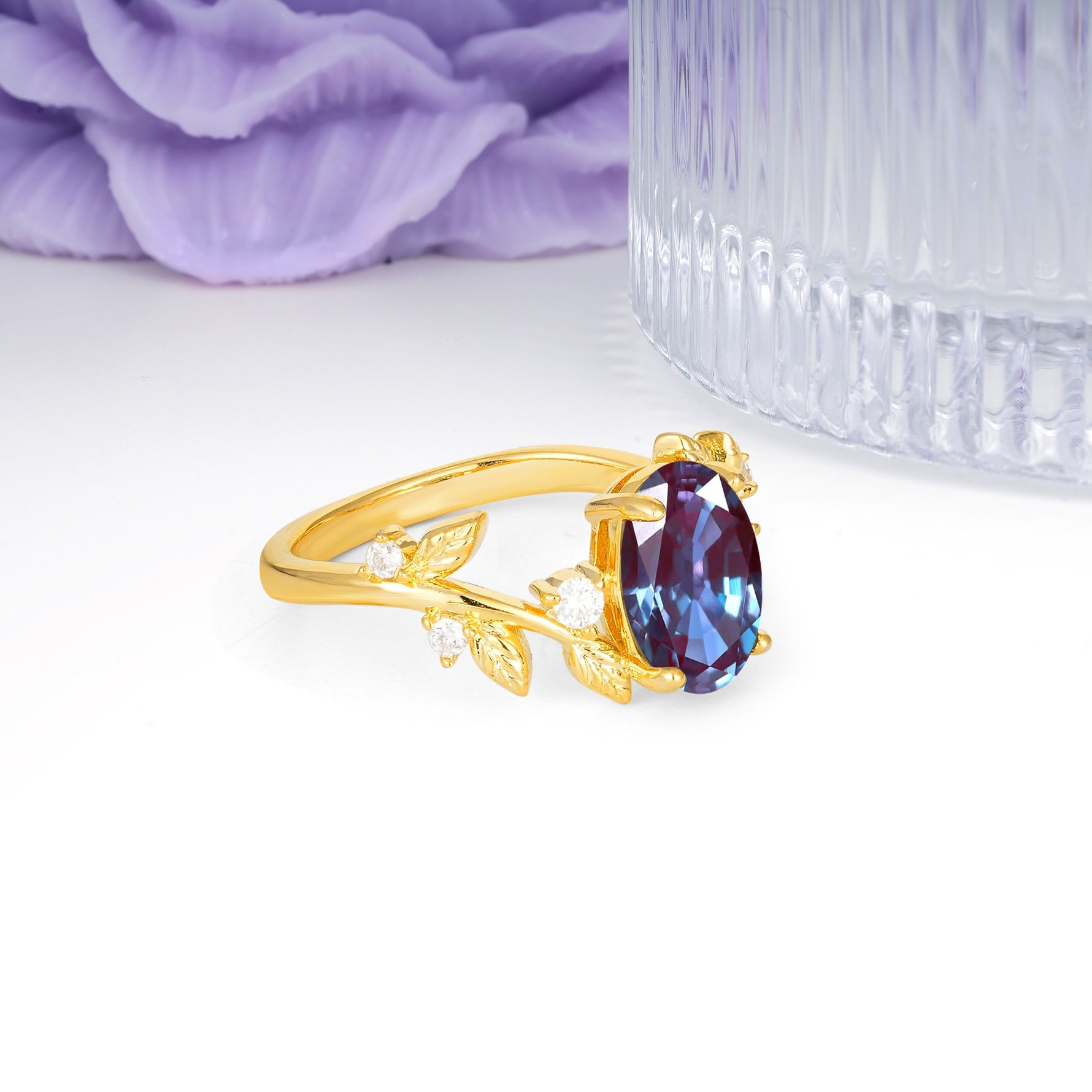 Nature Inspired Oval Cut Four Prong Leaf Vine Accent Alexandrite Engagement Ring - Additional view