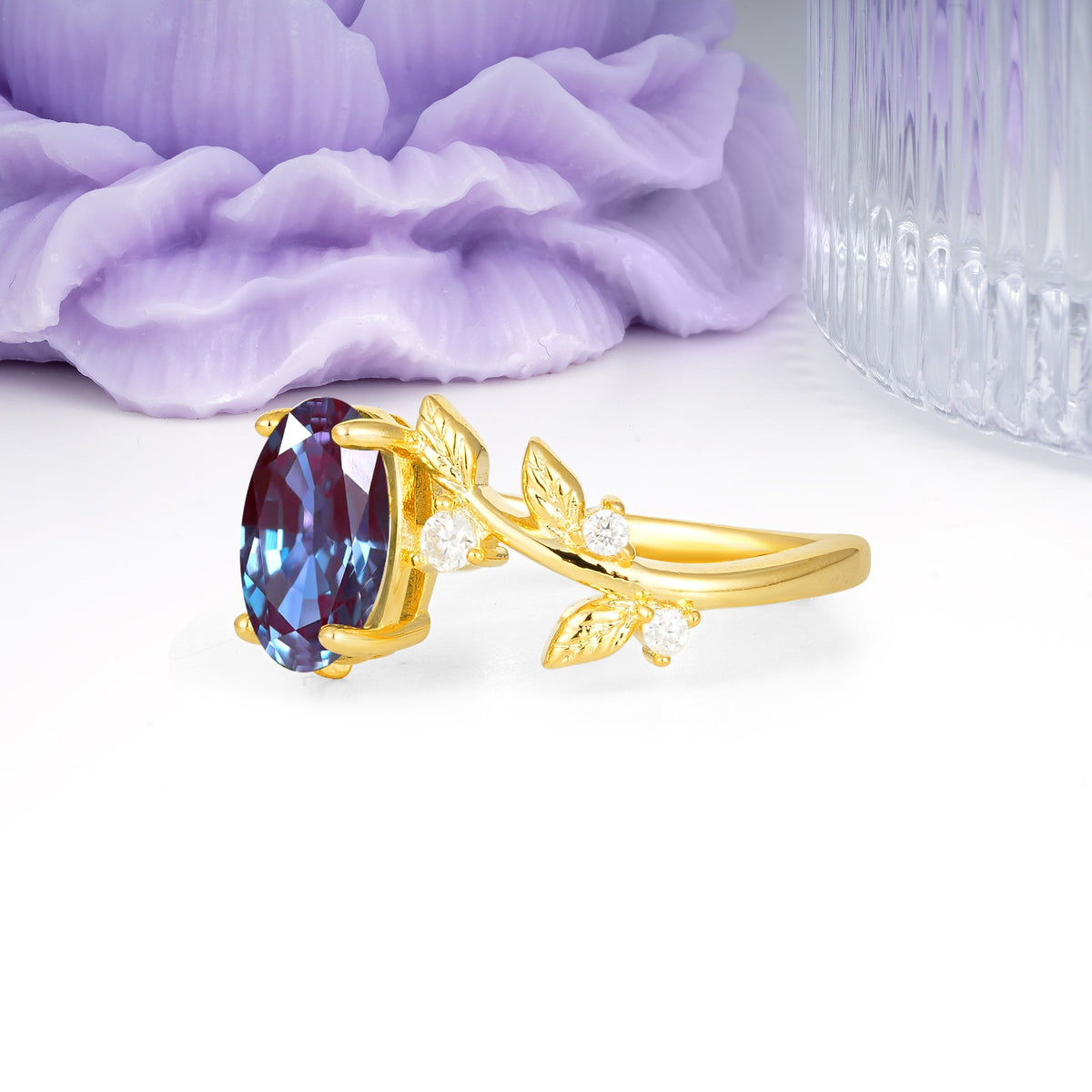 Nature Inspired Oval Cut Four Prong Leaf Vine Accent Alexandrite Engagement Ring - Additional view