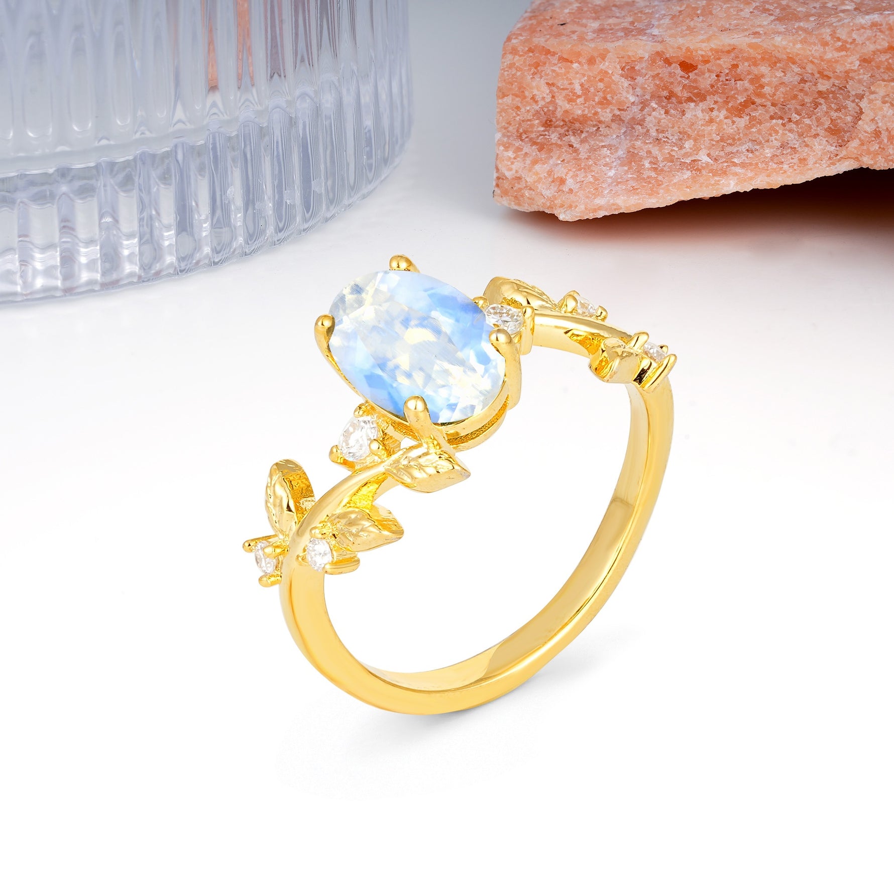 Nature Inspired Oval Cut Four Prong Leaf Vine Accent Moonstone Engagement Ring - Additional view