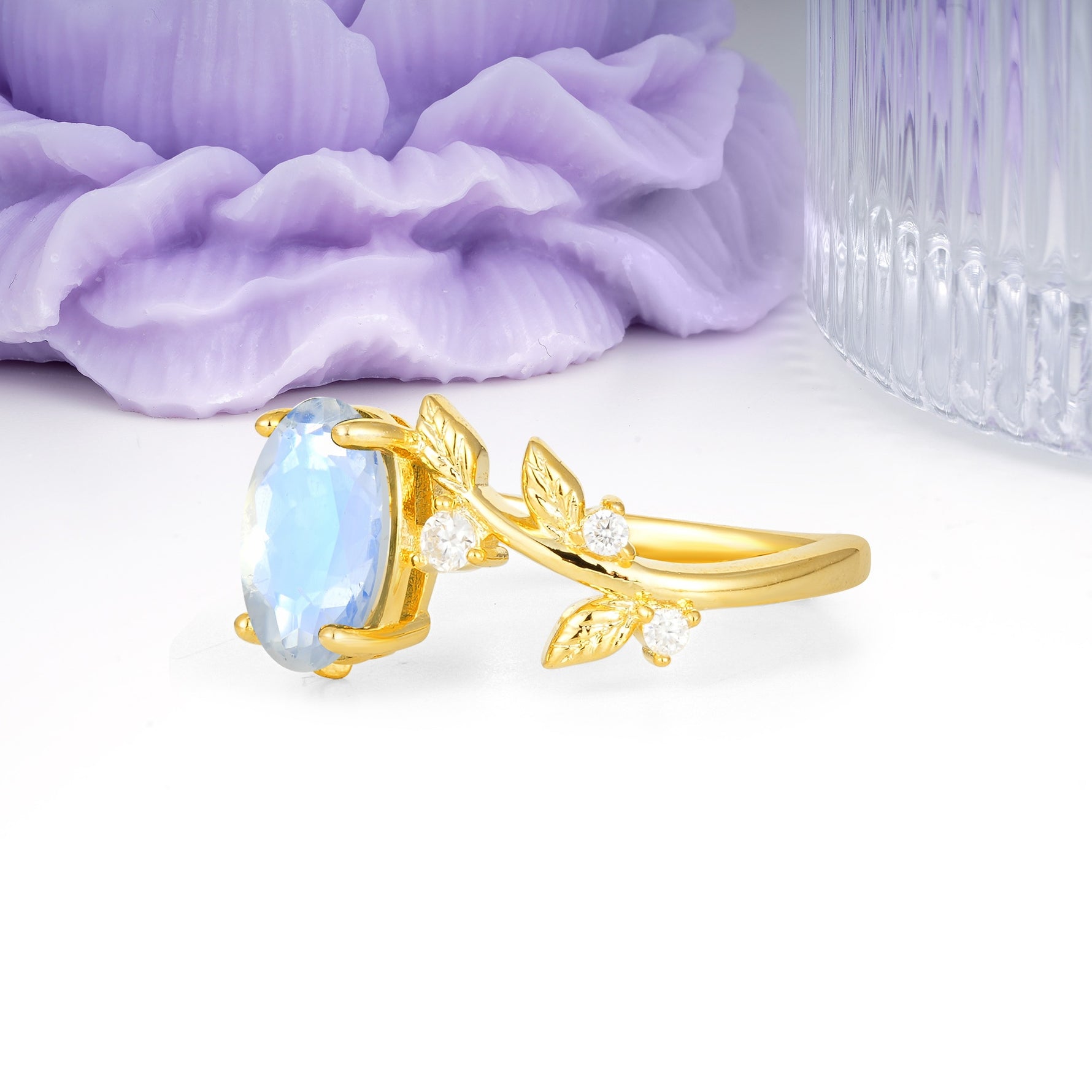 Nature Inspired Oval Cut Four Prong Leaf Vine Accent Moonstone Engagement Ring - Additional view