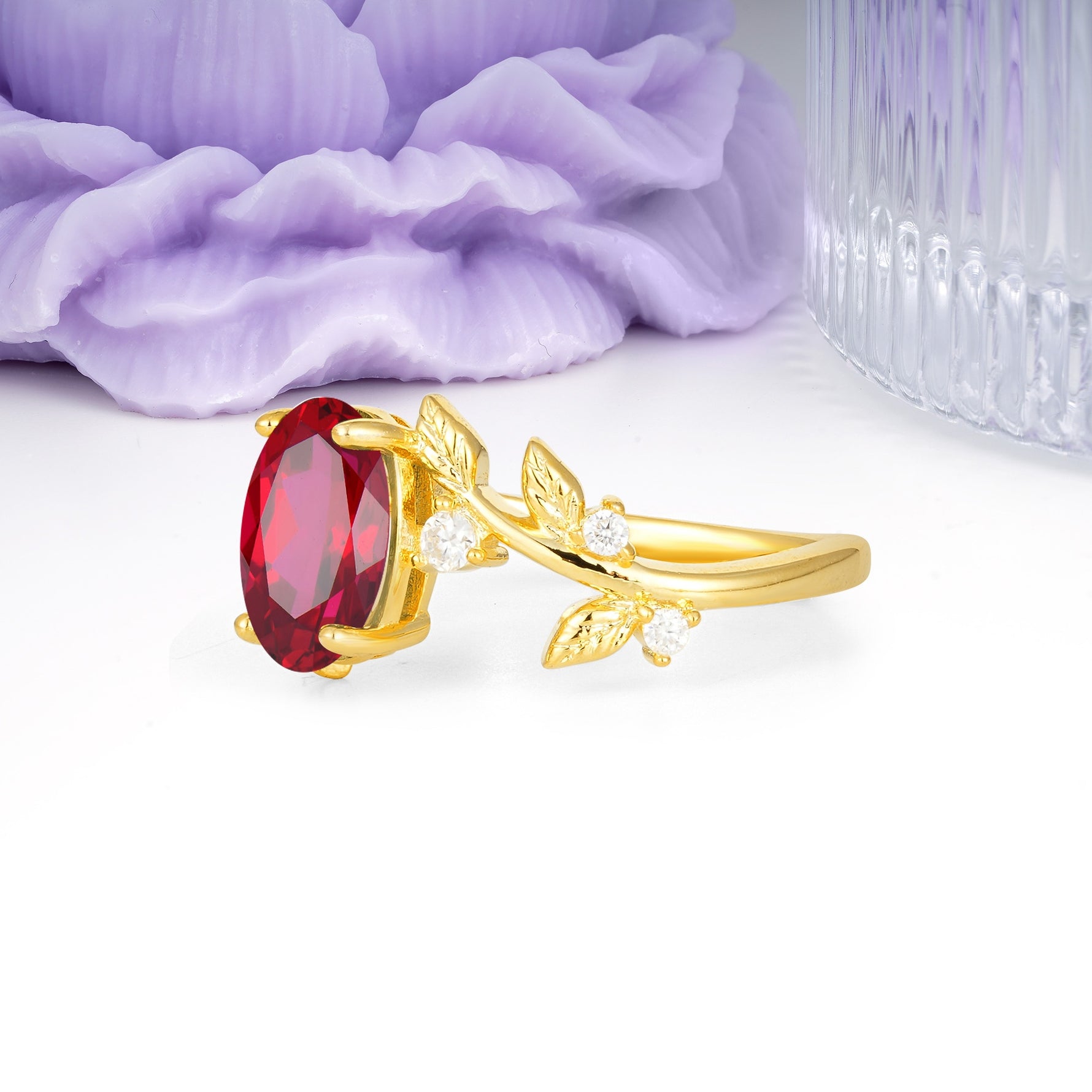 Nature Inspired Oval Cut Four Prong Leaf Vine Accent Ruby Engagement Ring - Additional view