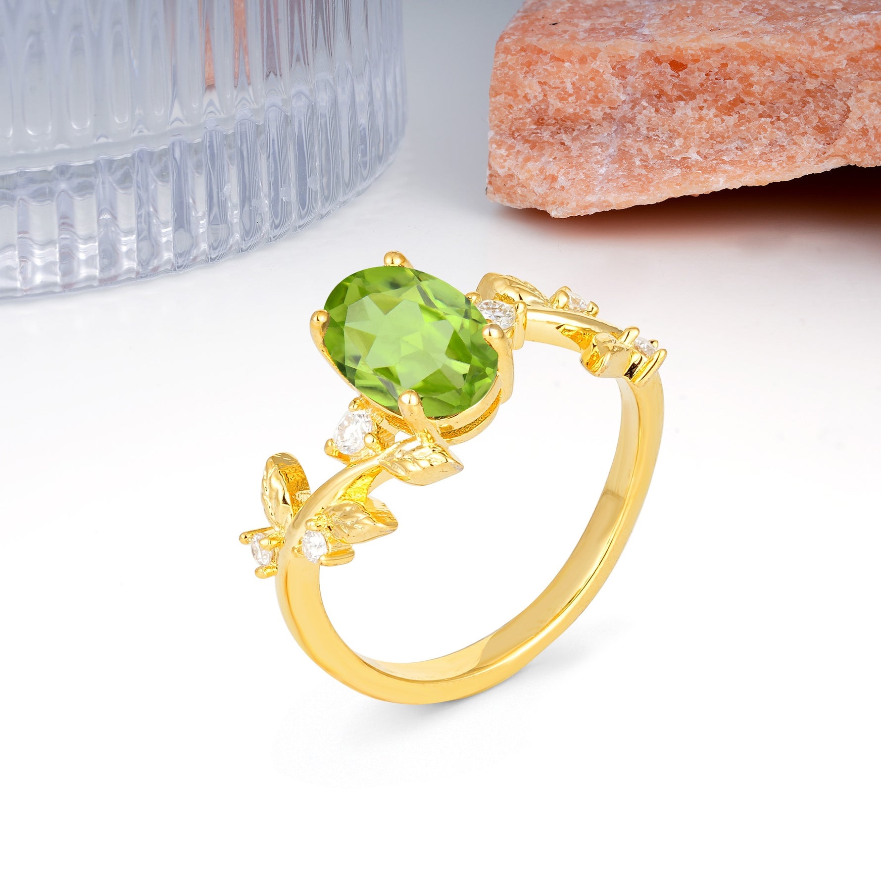 Nature Inspired Oval Cut Four Prong Leaf Vine Accent Peridot Engagement Ring - Additional view