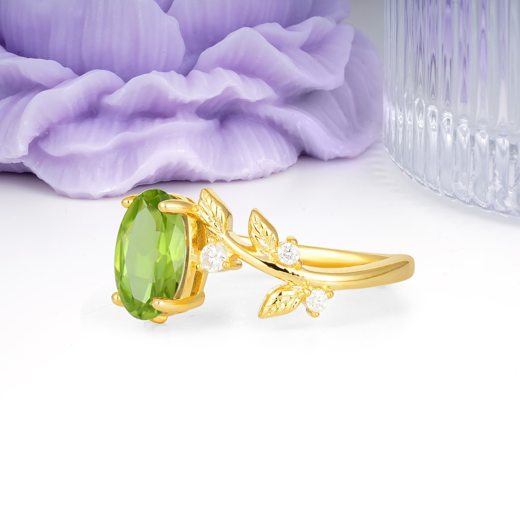 Nature Inspired Oval Cut Four Prong Leaf Vine Accent Peridot Engagement Ring - Additional view