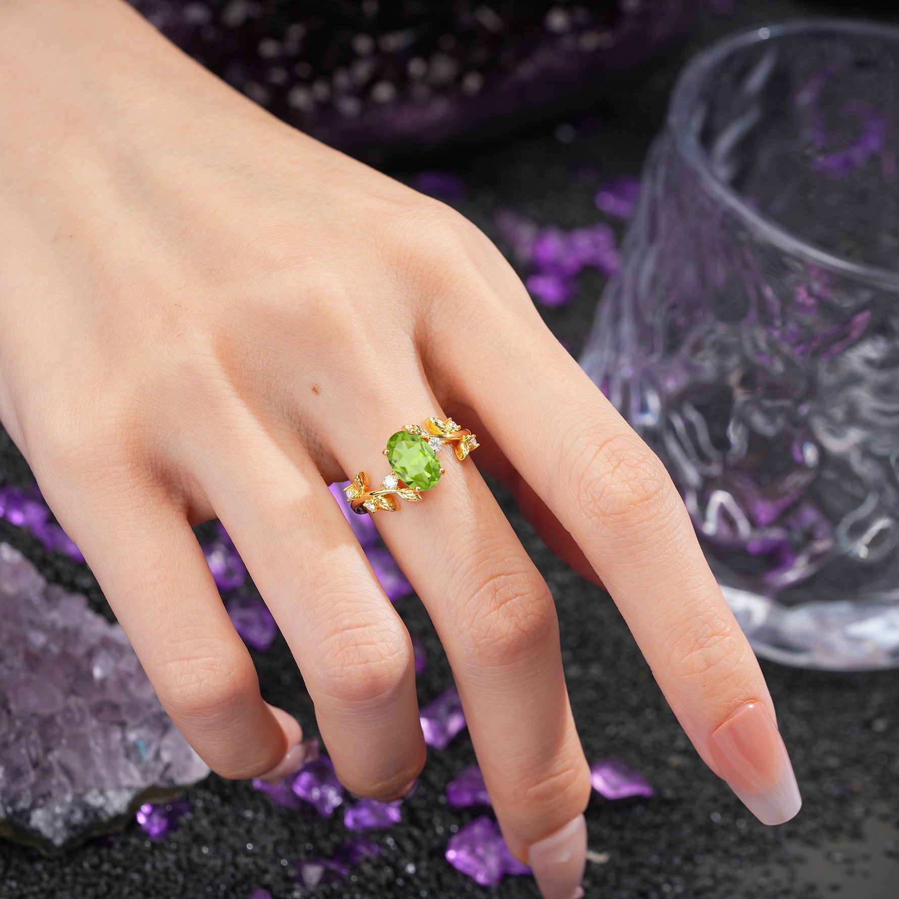 Nature Inspired Oval Cut Four Prong Leaf Vine Accent Peridot Engagement Ring - Additional view