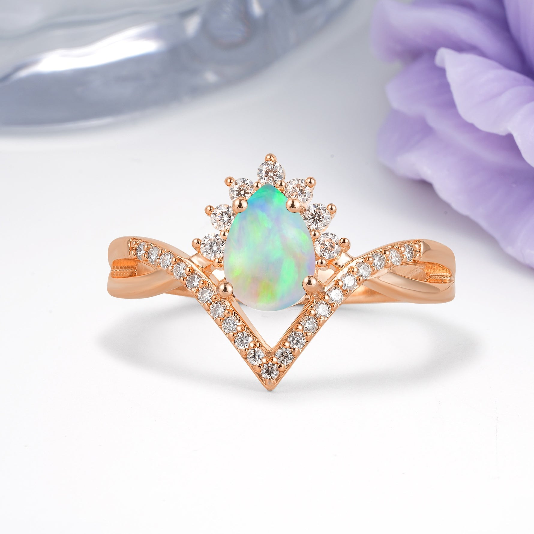 Princess Crown Pear Cut Halo V Shaped Twisted Pave Shank Fire Opal Engagement Ring - Additional view