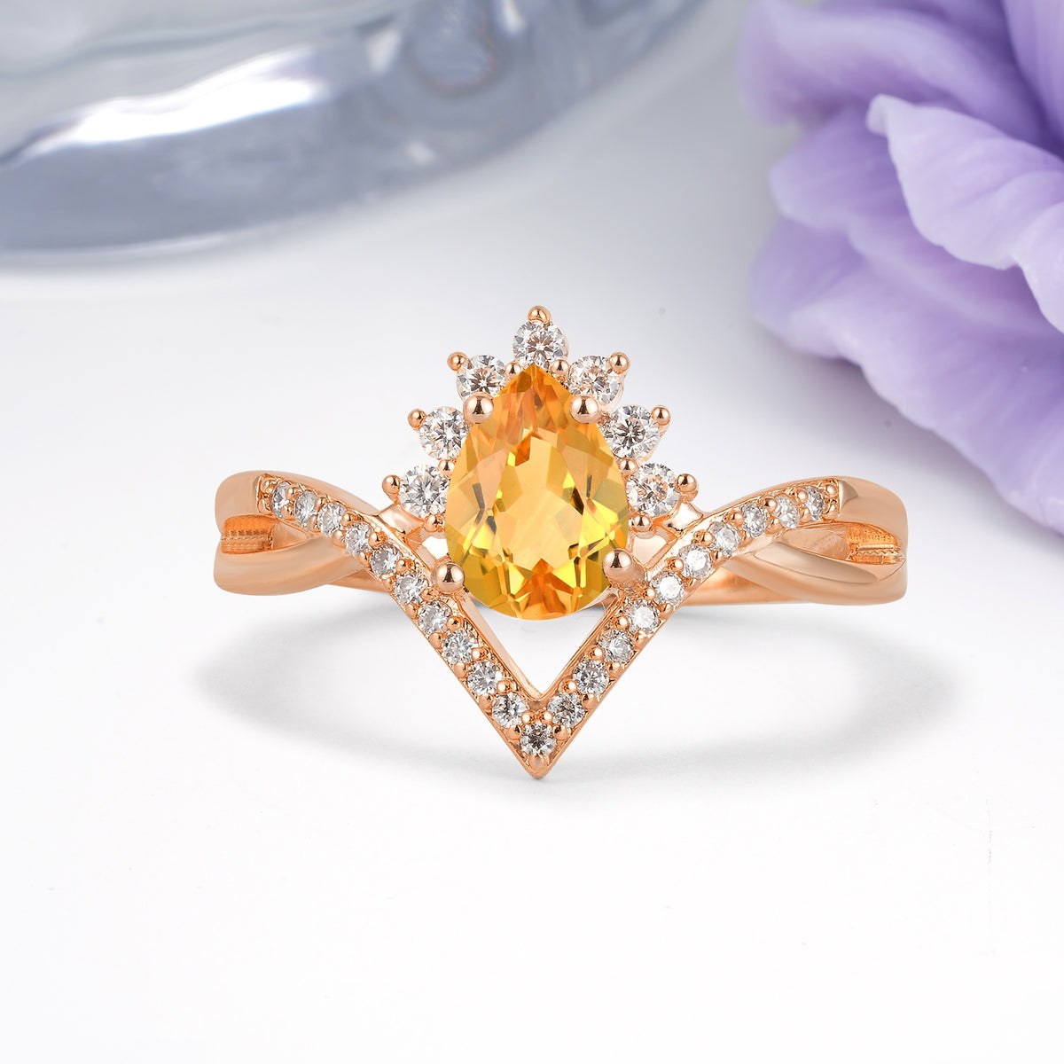 Princess Crown Pear Cut Halo V Shaped Twisted Pave Shank Citrine Engagement Ring - Additional view