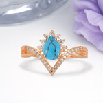 Princess Crown Pear Cut Halo V Shaped Twisted Pave Shank Turquoise Engagement Ring - Additional view