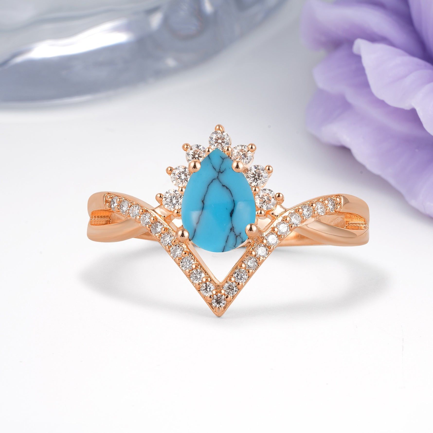 Princess Crown Pear Cut Halo V Shaped Twisted Pave Shank Turquoise Engagement Ring - Additional view