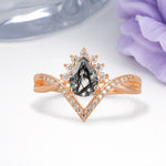 Princess Crown Pear Cut Halo V Shaped Twisted Pave Shank Black Rutilated Quartz Engagement Ring - Additional view
