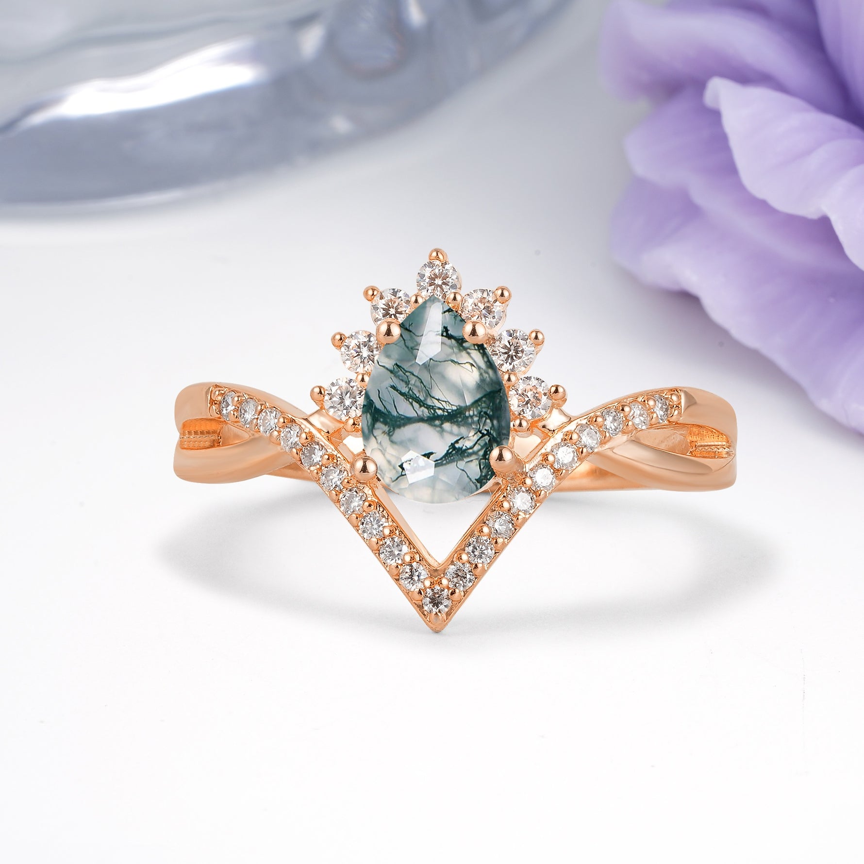 Princess Crown Pear Cut Halo V Shaped Twisted Pave Shank Moss Agate Engagement Ring - Additional view