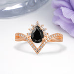 Princess Crown Pear Cut Halo V Shaped Twisted Pave Shank Black Onyx Engagement Ring - Additional view