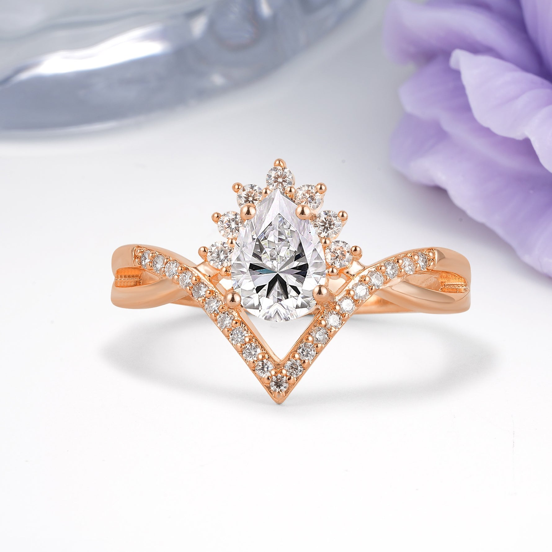 Princess Crown Pear Cut Halo V Shaped Twisted Pave Shank Lab Diamond Engagement Ring - Additional view