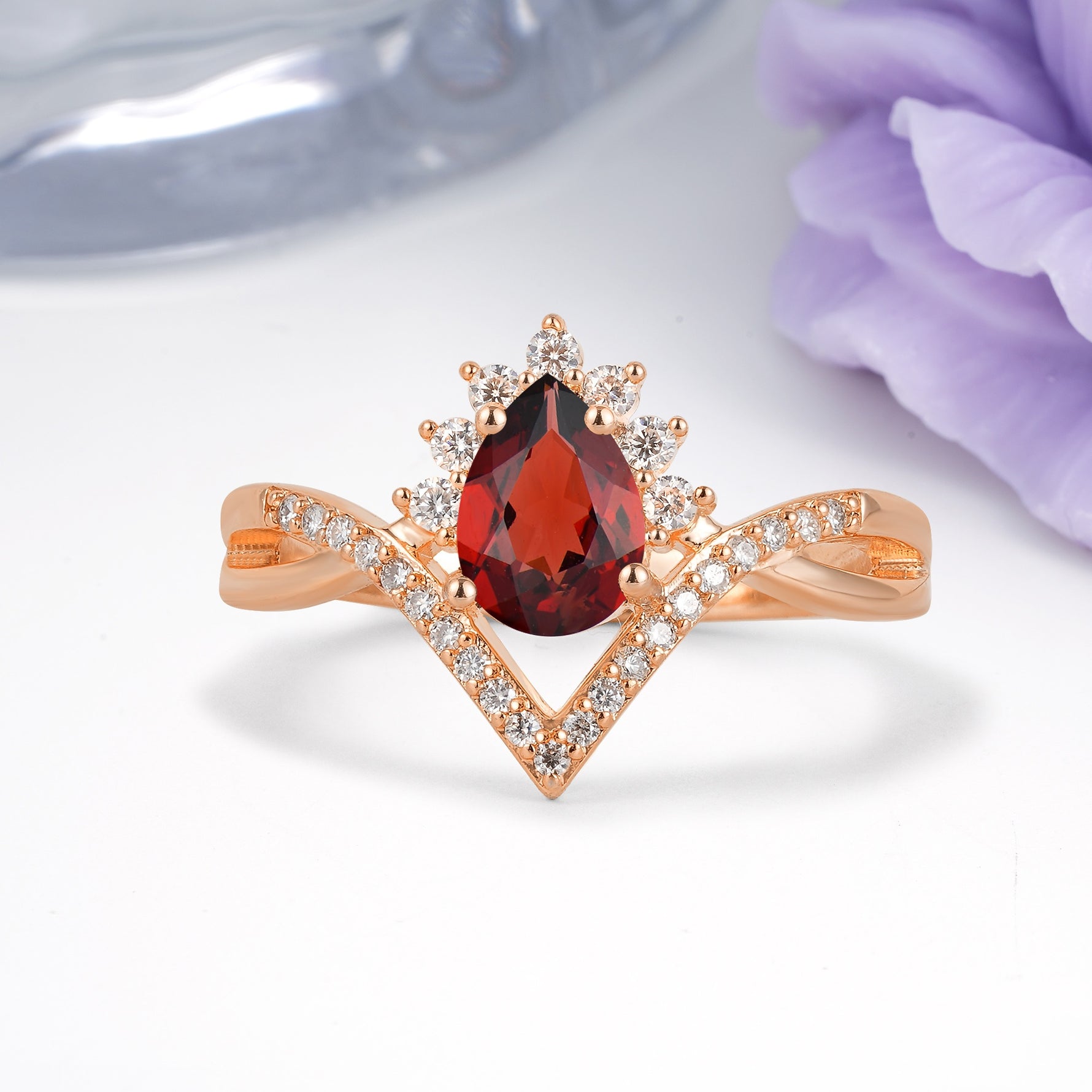 Princess Crown Pear Cut Halo V Shaped Twisted Pave Shank Garnet Engagement Ring - Additional view