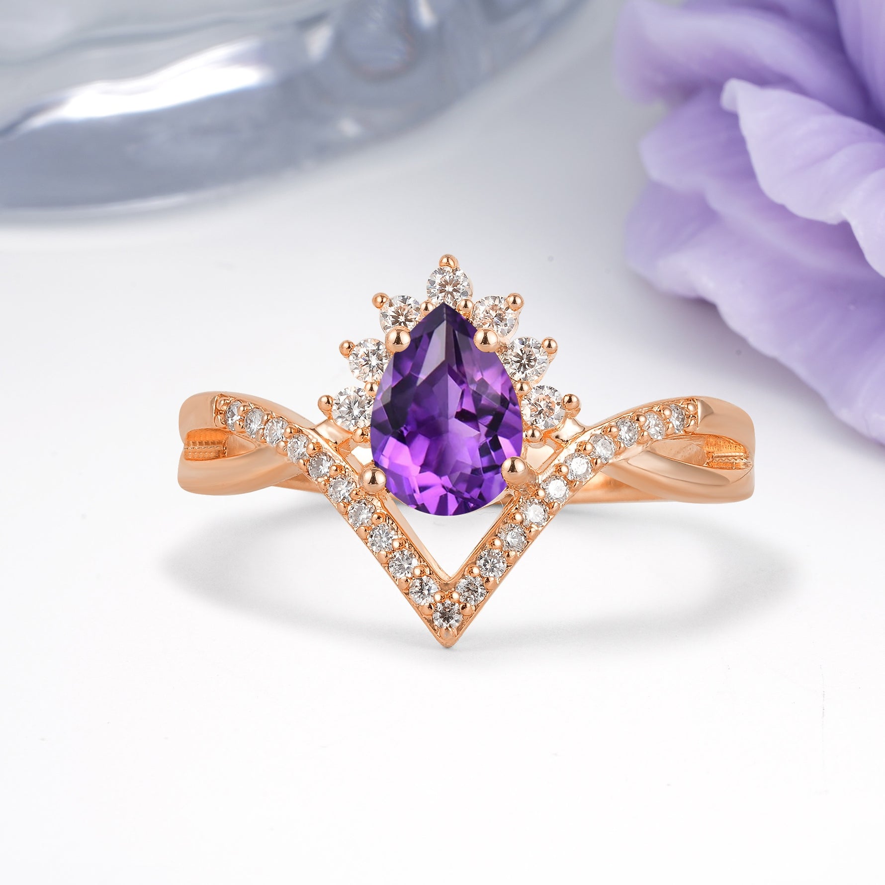 Princess Crown Pear Cut Halo V Shaped Twisted Pave Shank Amethyst Engagement Ring - Additional view